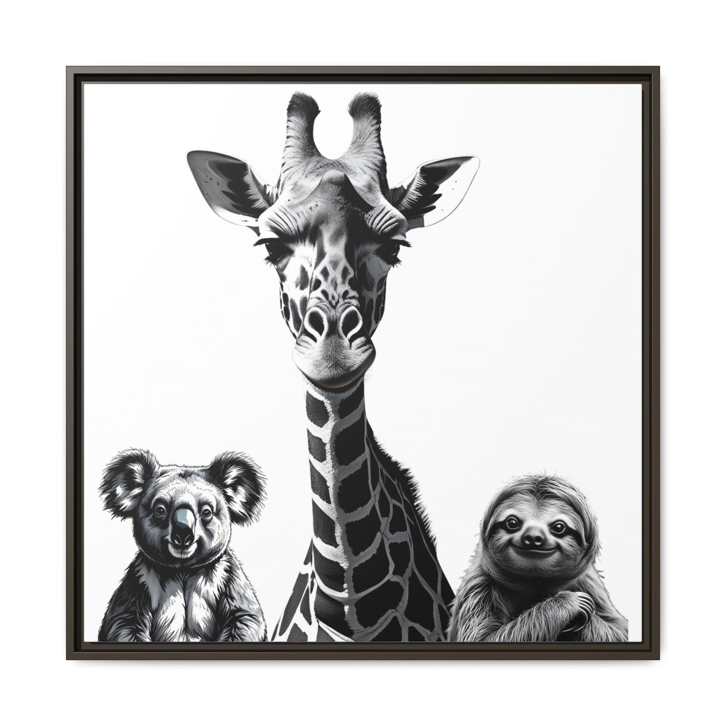 Framed artwork with a giraffe, koala, and sloth illustration.