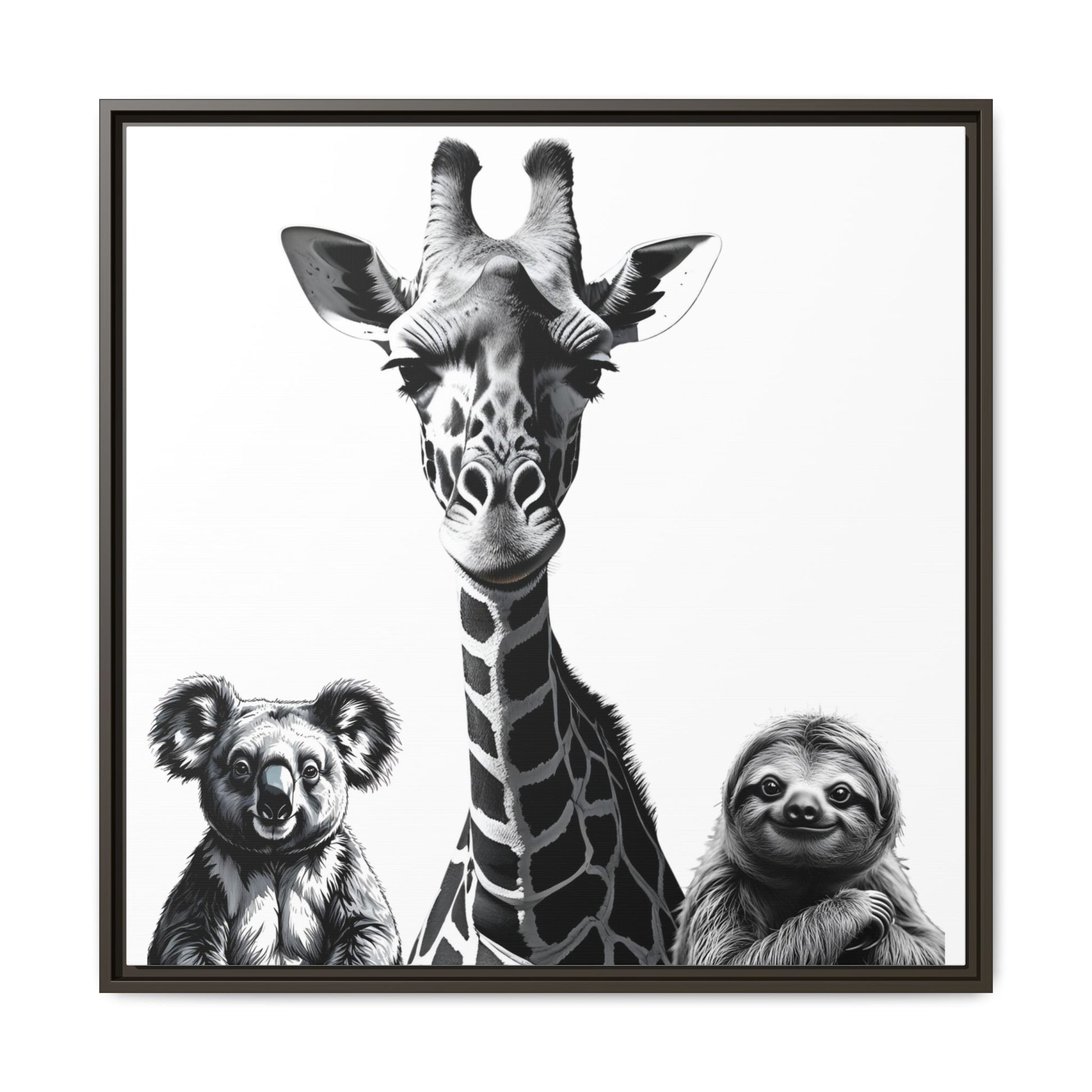 Framed artwork with a giraffe, koala, and sloth illustration.