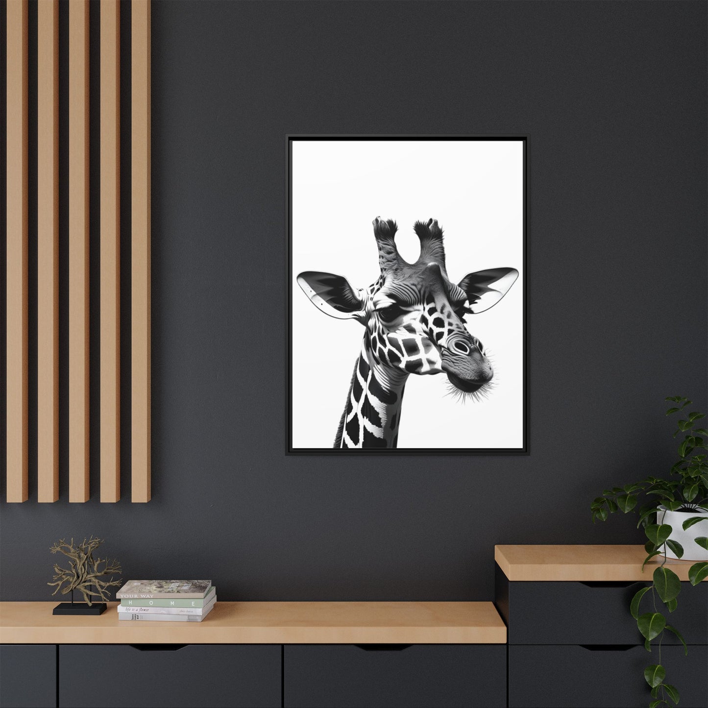 Black and White Giraffe Wall Art – Framed Safari Animal Canvas Print