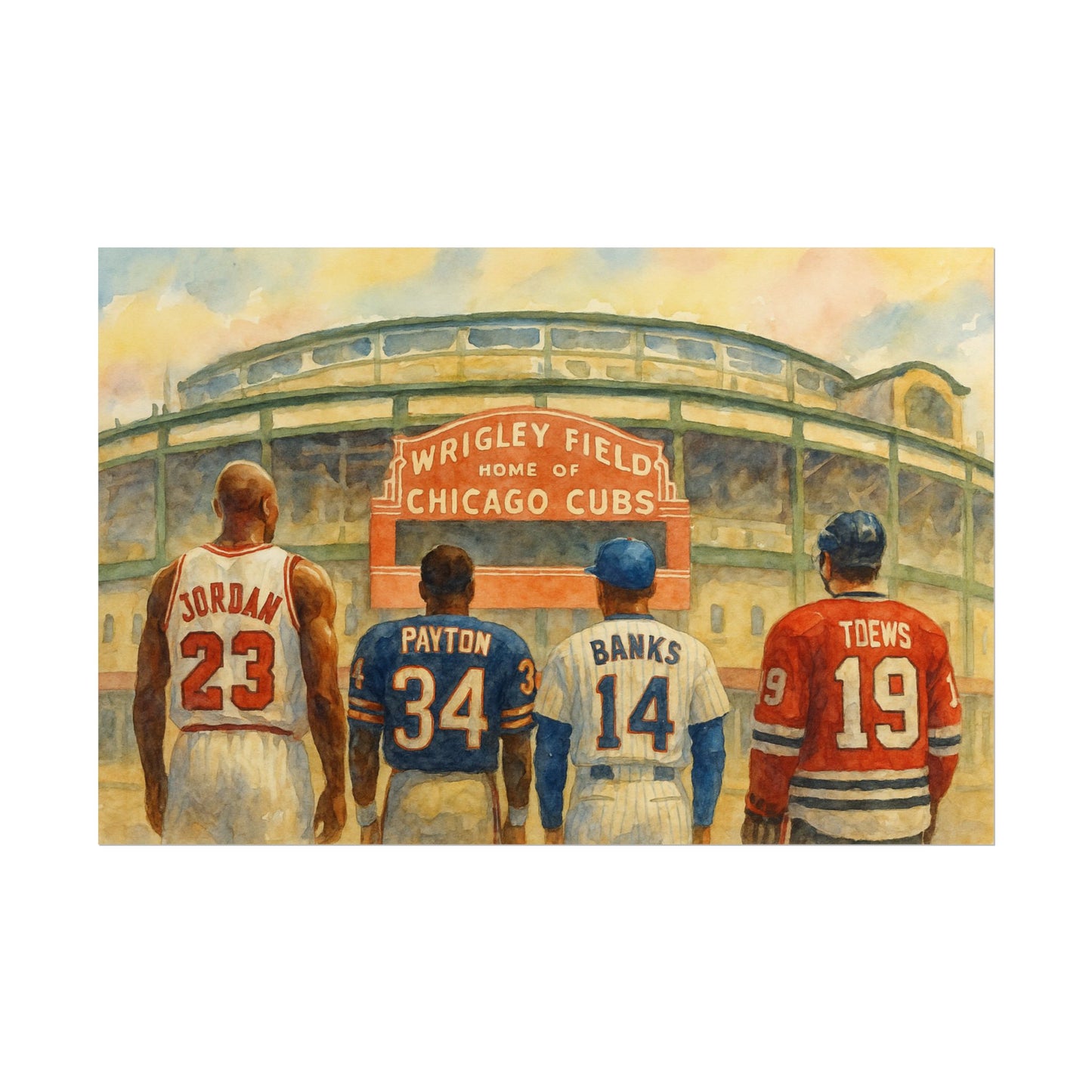 Chicago sports legends in jerseys with numbers and names, standing in front of Wrigley Field, home of the Chicago Cubs.