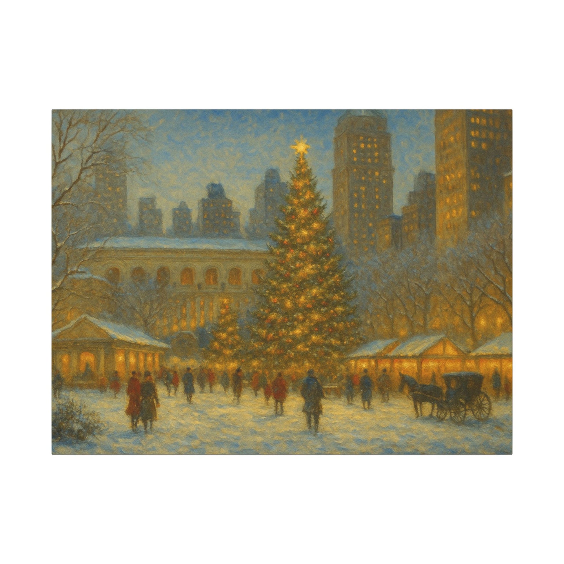 City street scene with a large Christmas tree at night, illuminated by lights.