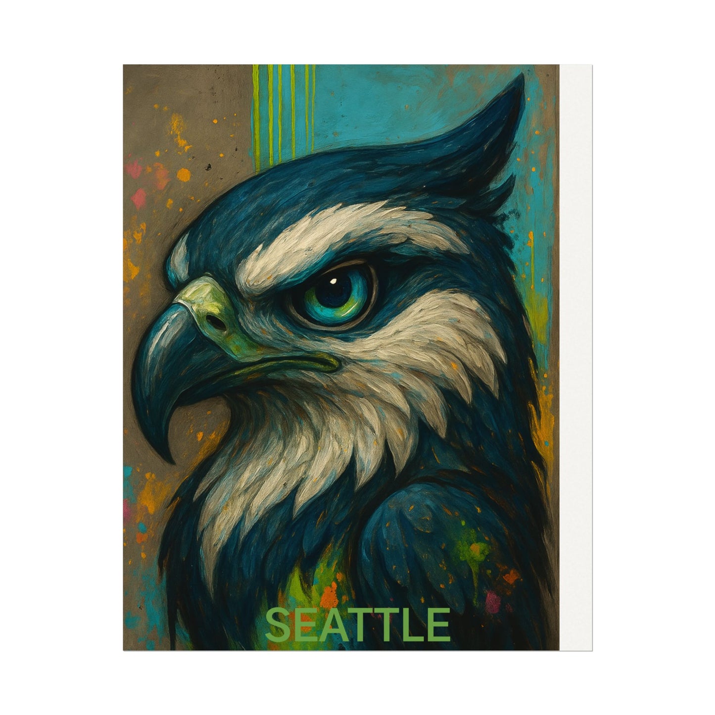 Artistic depiction of an hawk with 'Seattle' text on a colorful background