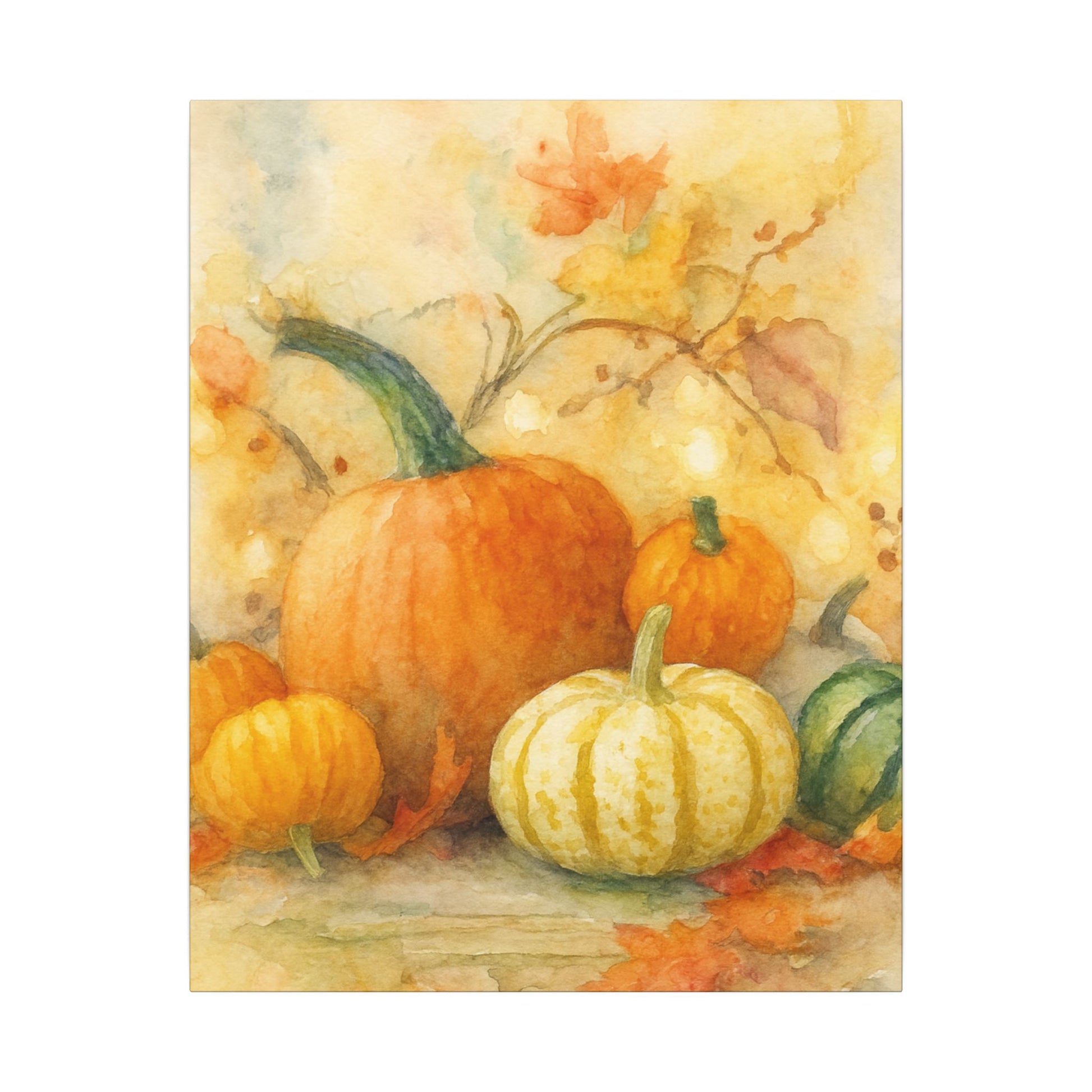 Watercolor painting of pumpkins and gourds with a floral background