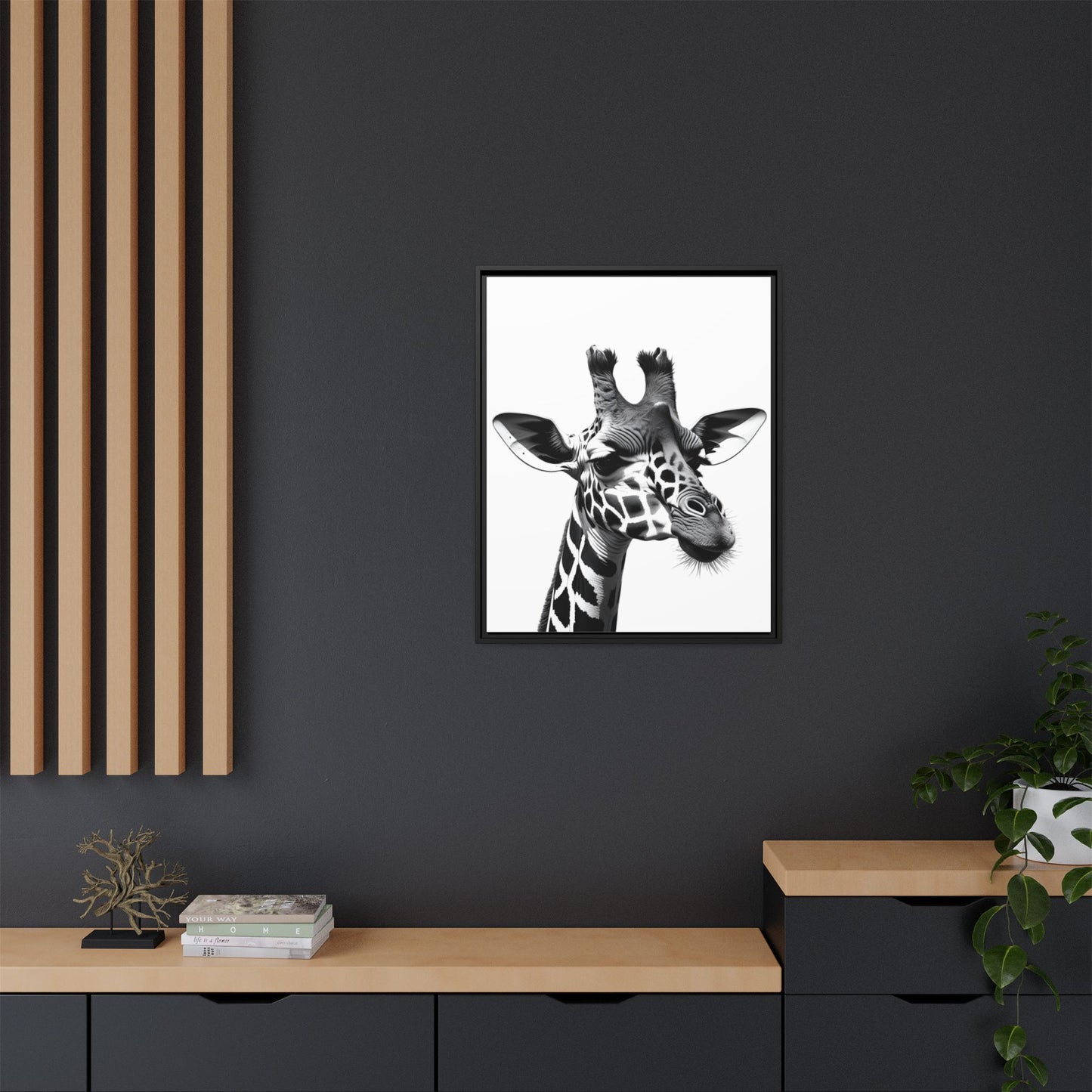 Black and White Giraffe Wall Art – Framed Safari Animal Canvas Print