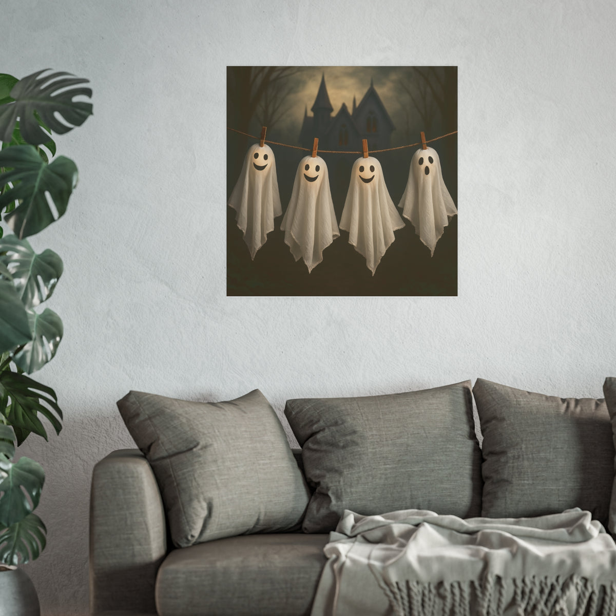 Friendly Halloween Ghosts Poster Art, Smiling Ghosts Clothesline Print