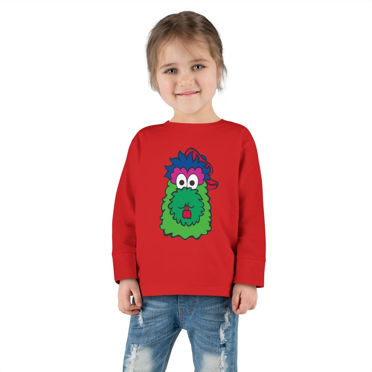 Cute Cartoon Mascot Kids Shirt – Fun Green Character Long Sleeve Tee