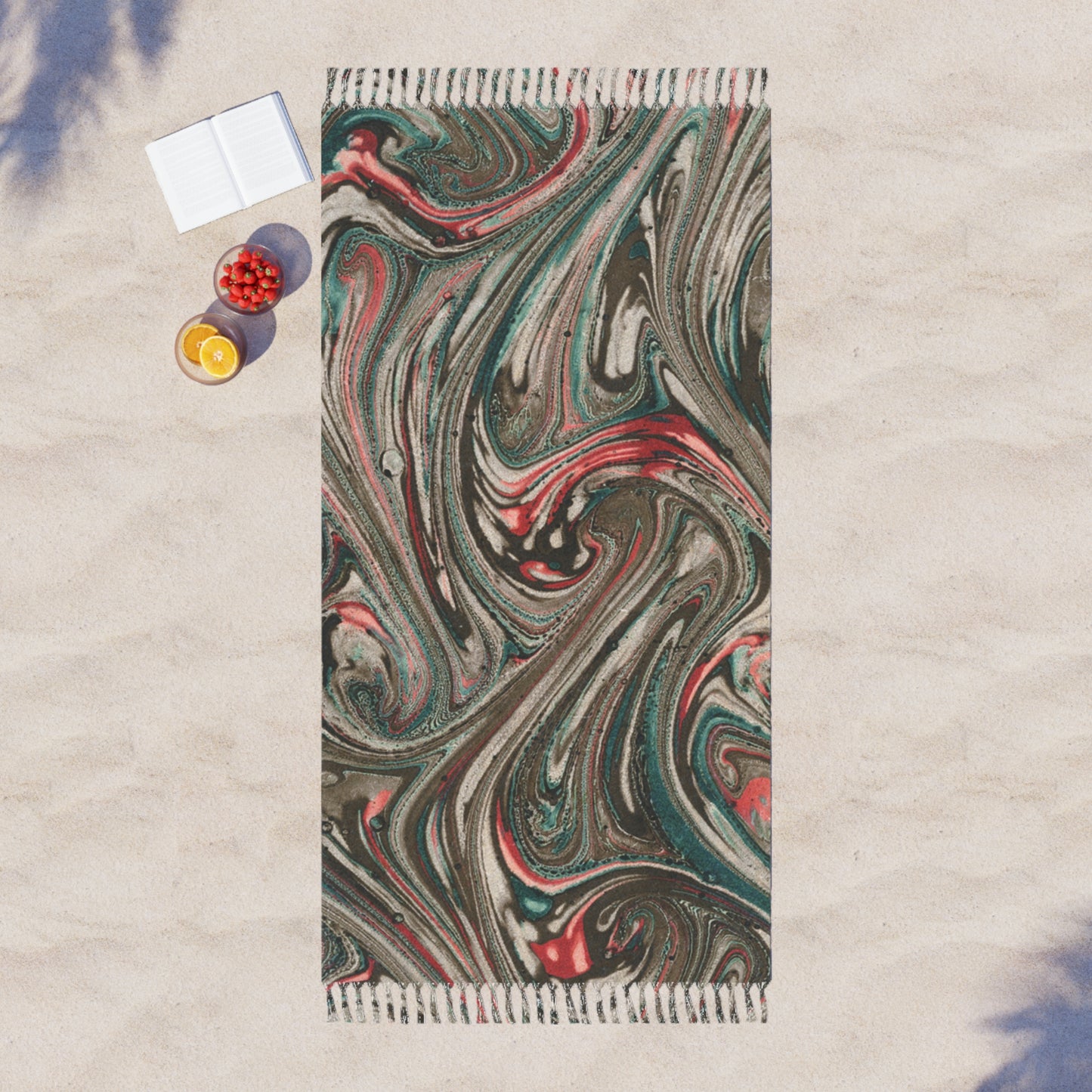 Boho Marble Swirl Beach Towel | Abstract Coastal Fringe Towel | Summer Travel Essential