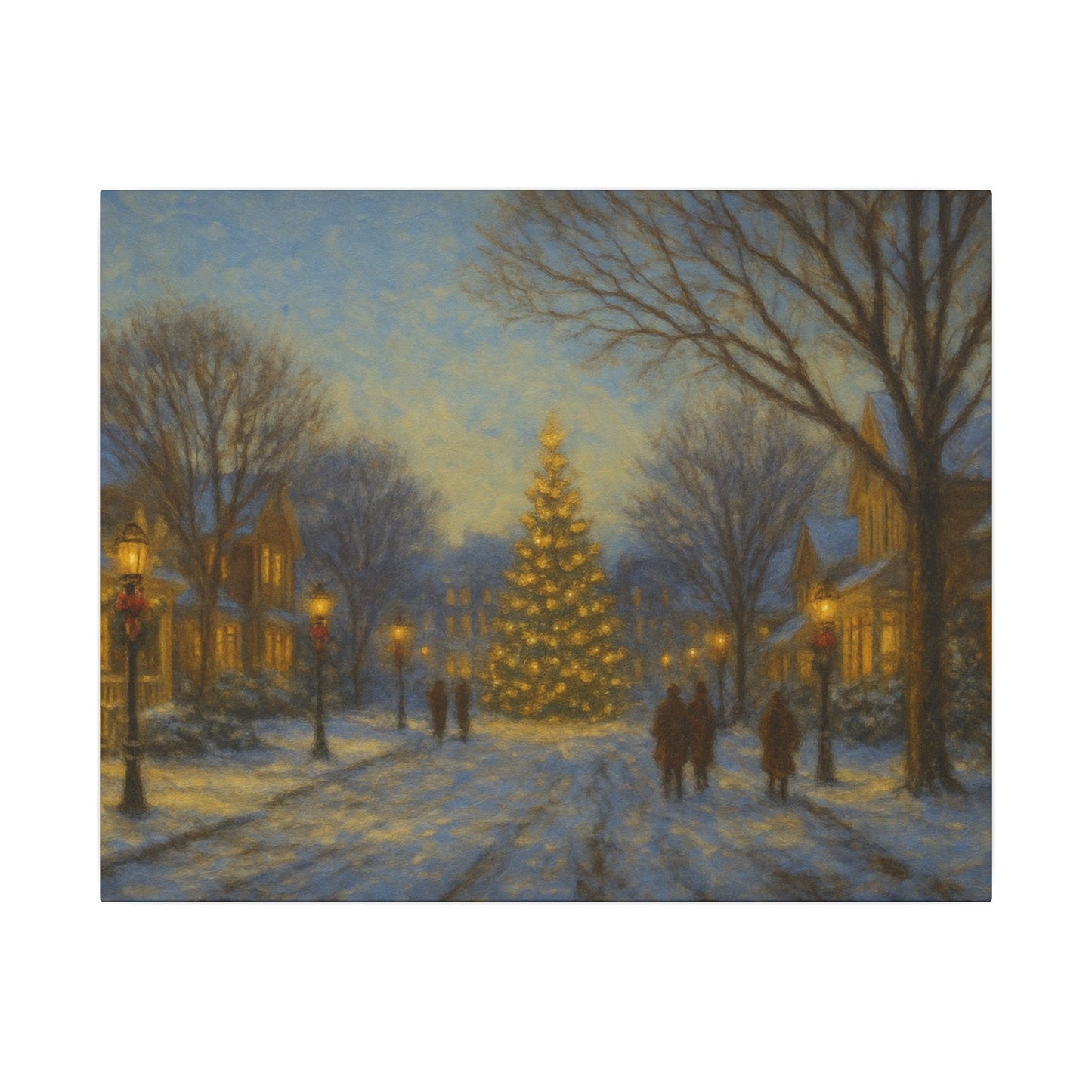 Winter scene with a decorated Christmas tree on a snowy street at night.
