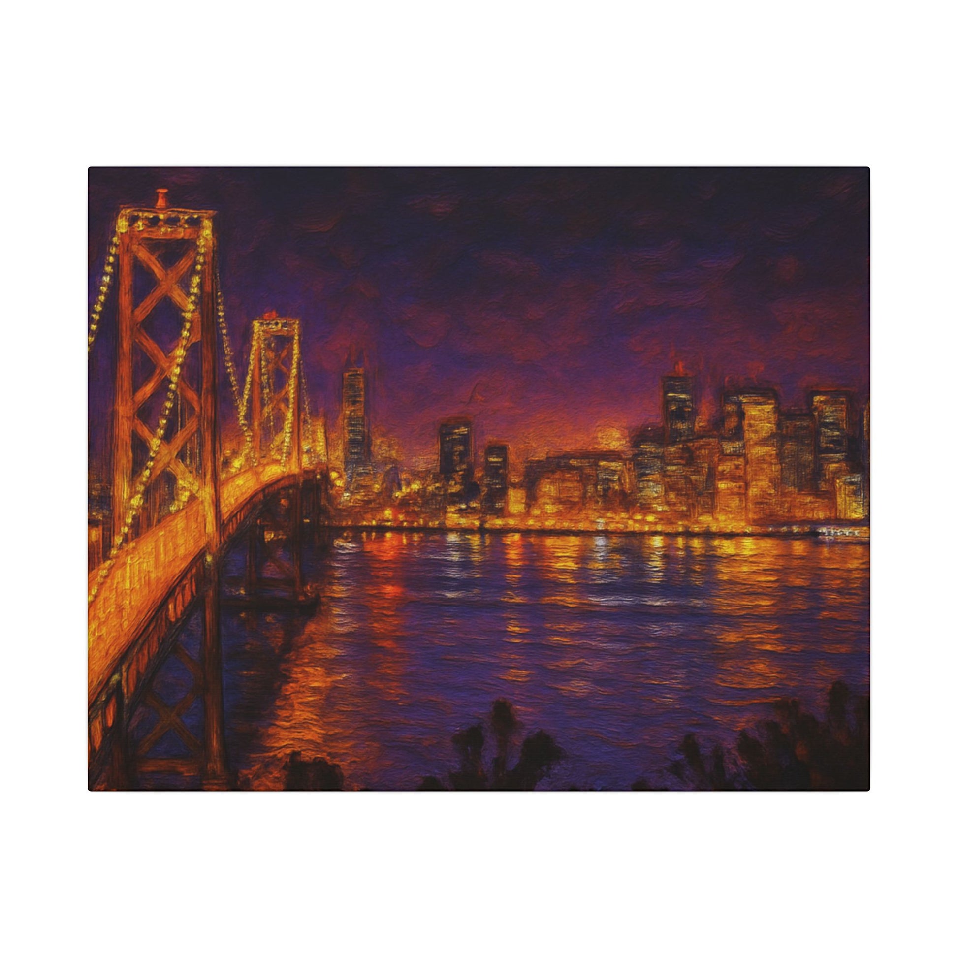 City skyline with a bridge at night, illuminated by lights.