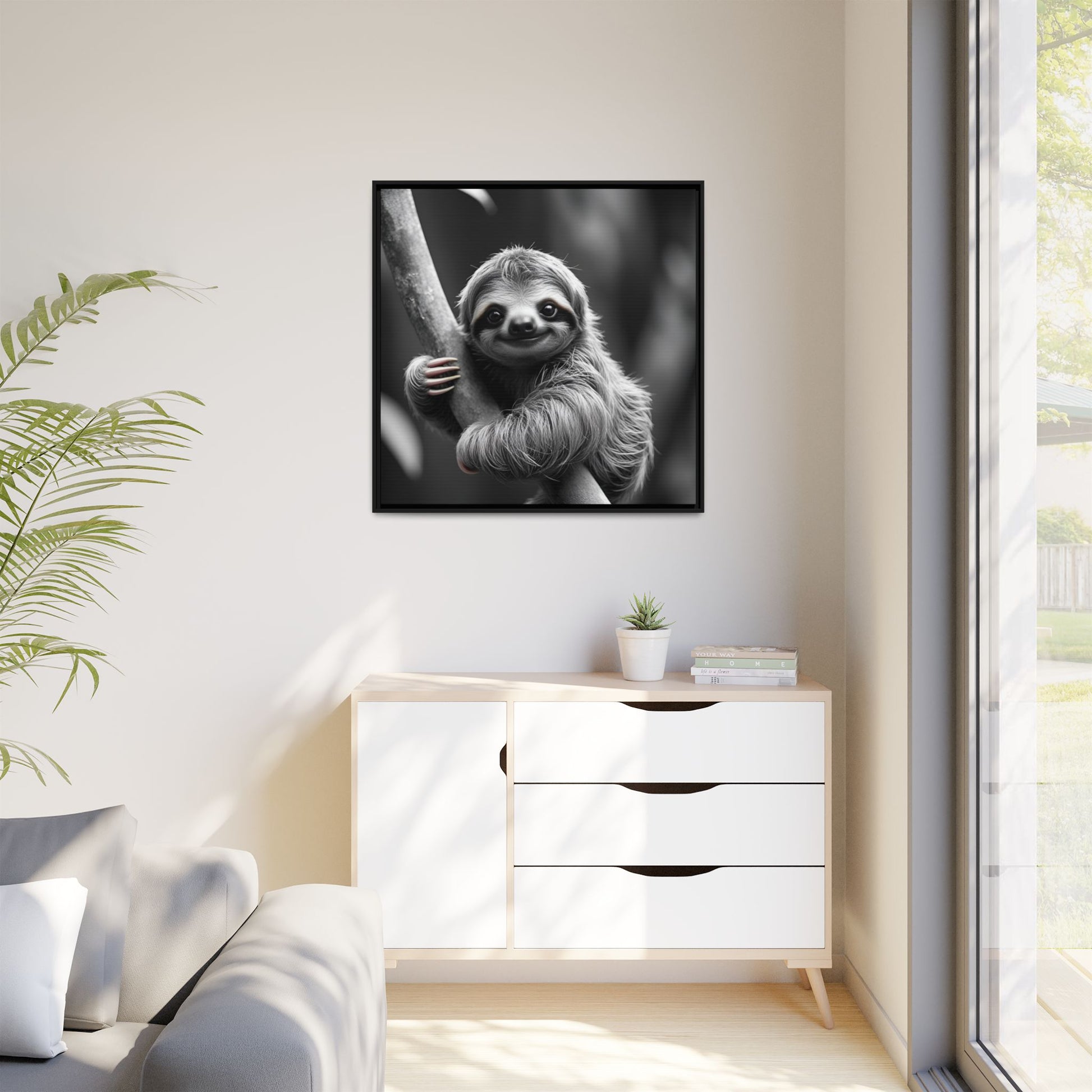 Framed black and white sloth photo on a wall above a white cabinet with a plant and books.
