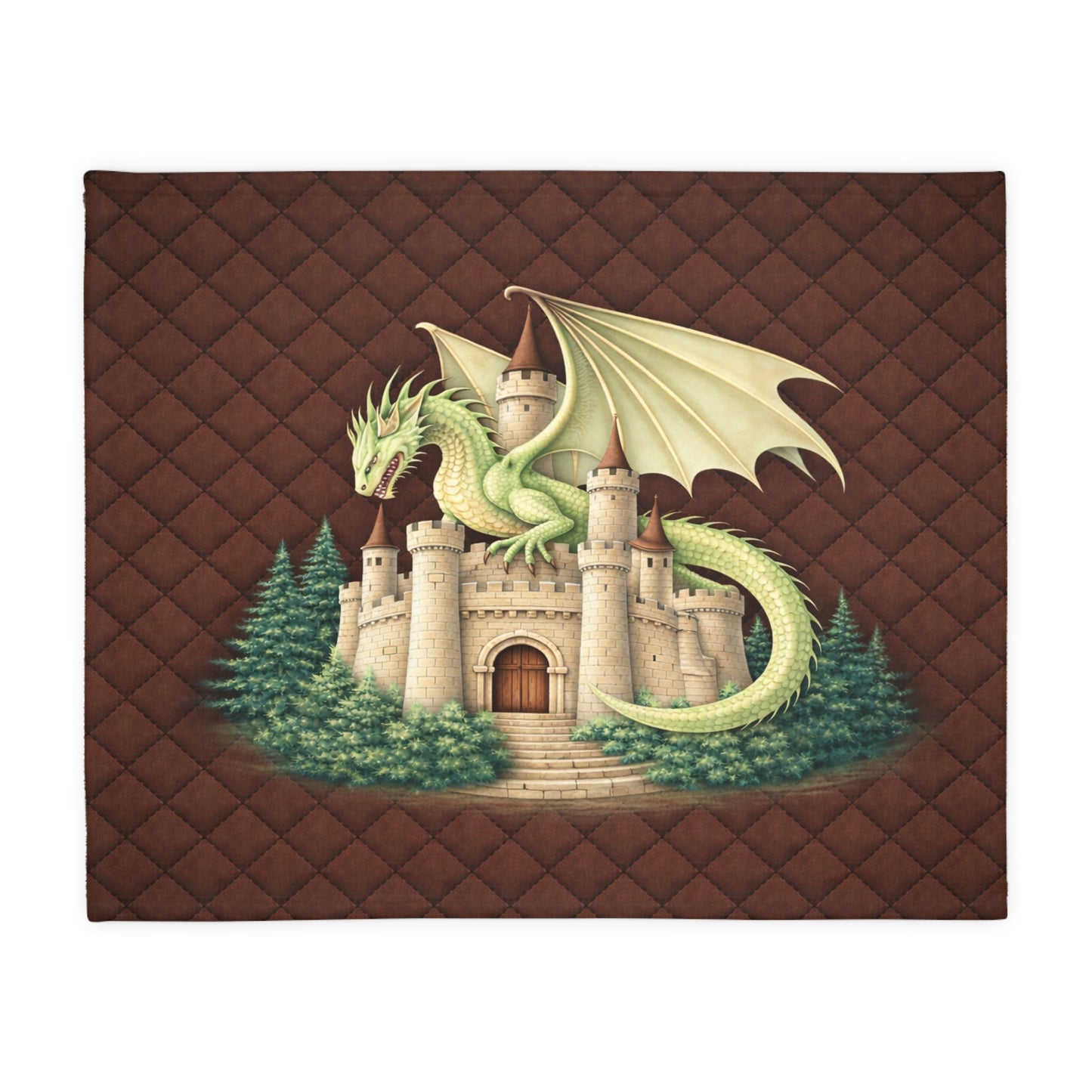 Quilt with a green dragon design on a brown quilted background