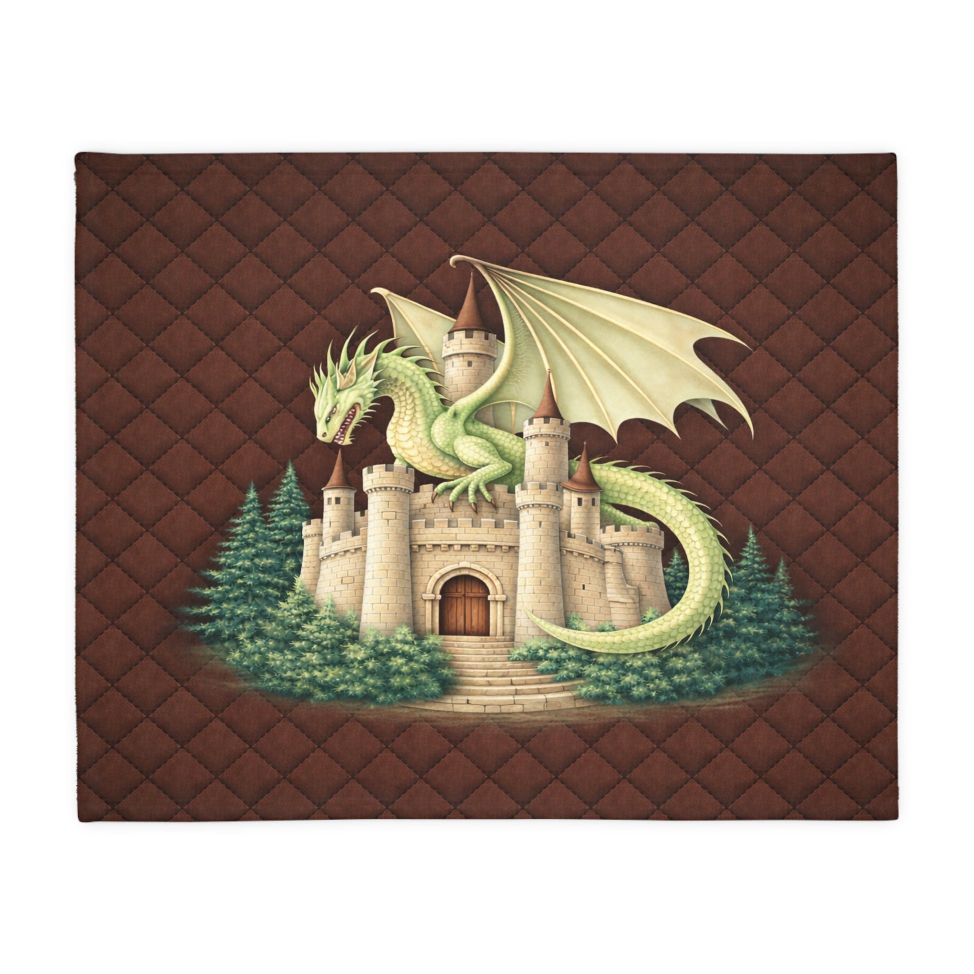 Quilt with a green dragon design on a brown quilted background