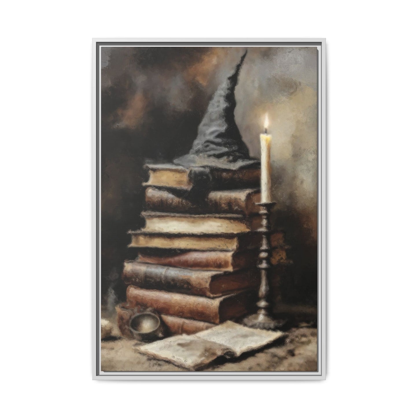 Stack of old books with a candle and wizard's hat on a dark background