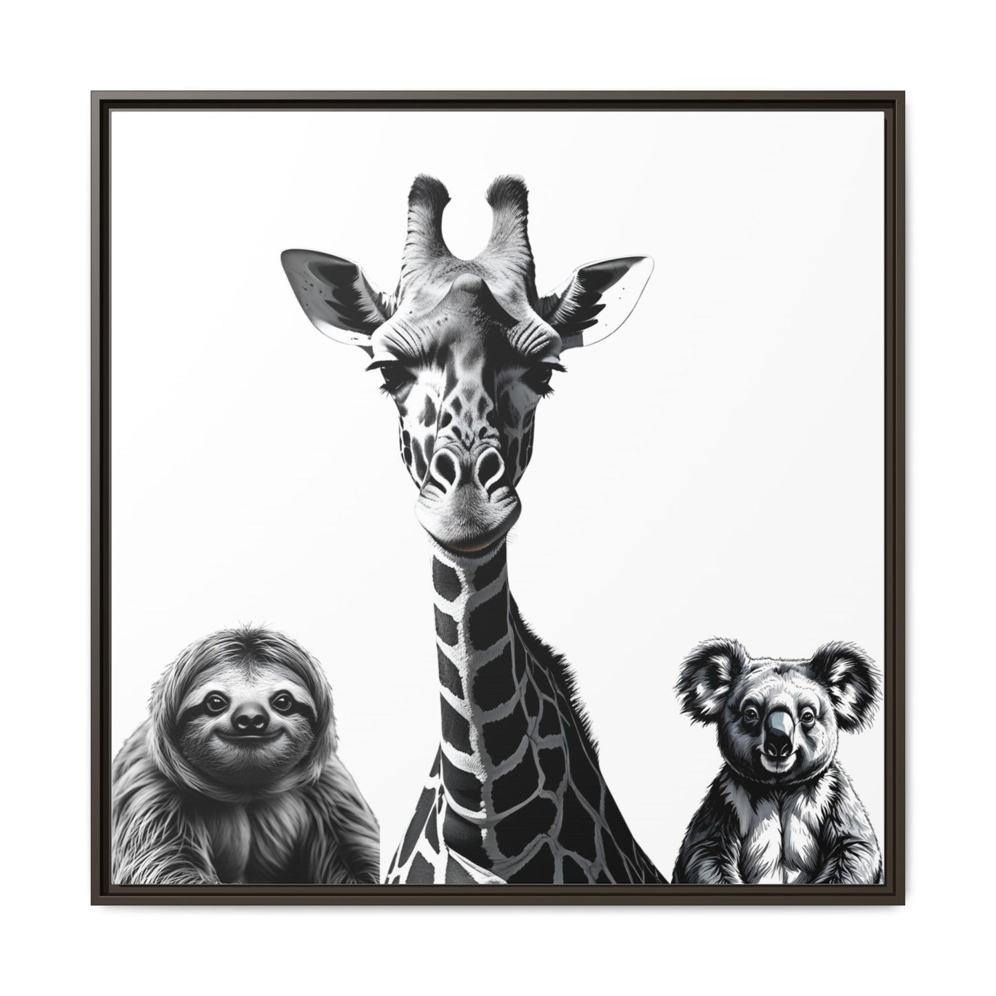 framed playful animal giraffe, sloth, koala print