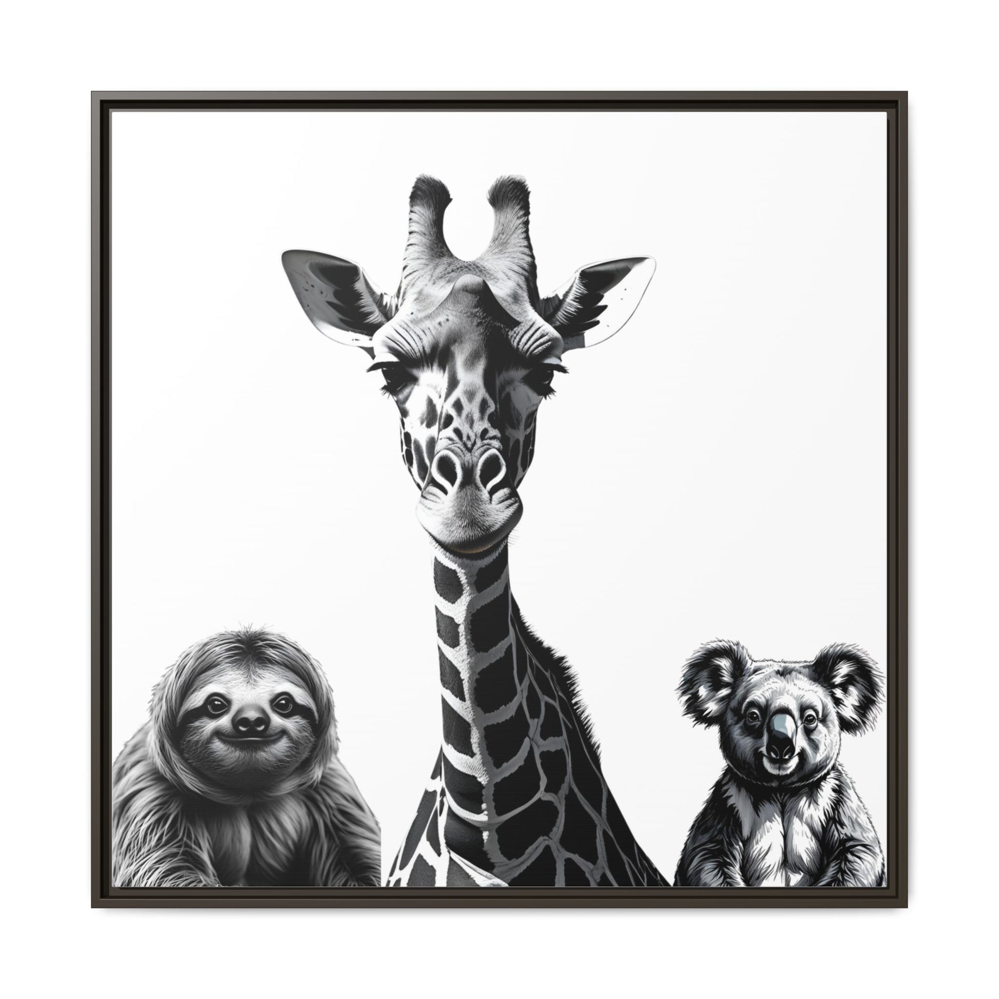 framed playful animal giraffe, sloth, koala print