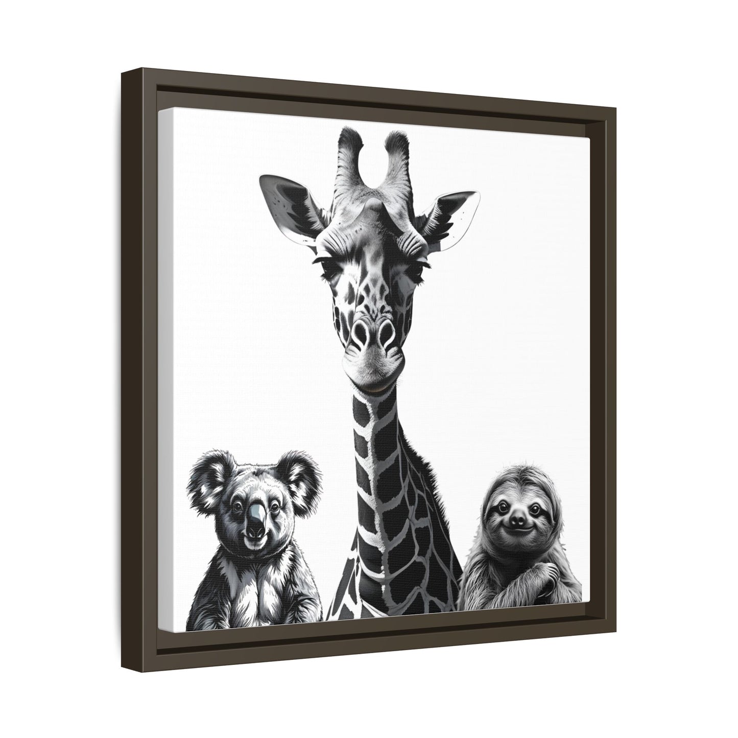 Framed artwork of a giraffe, koala, and sloth on a white background
