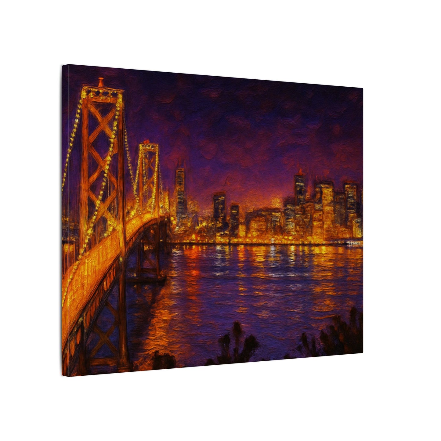 Canvas print of a cityscape with a bridge at night, featuring warm and cool colors.