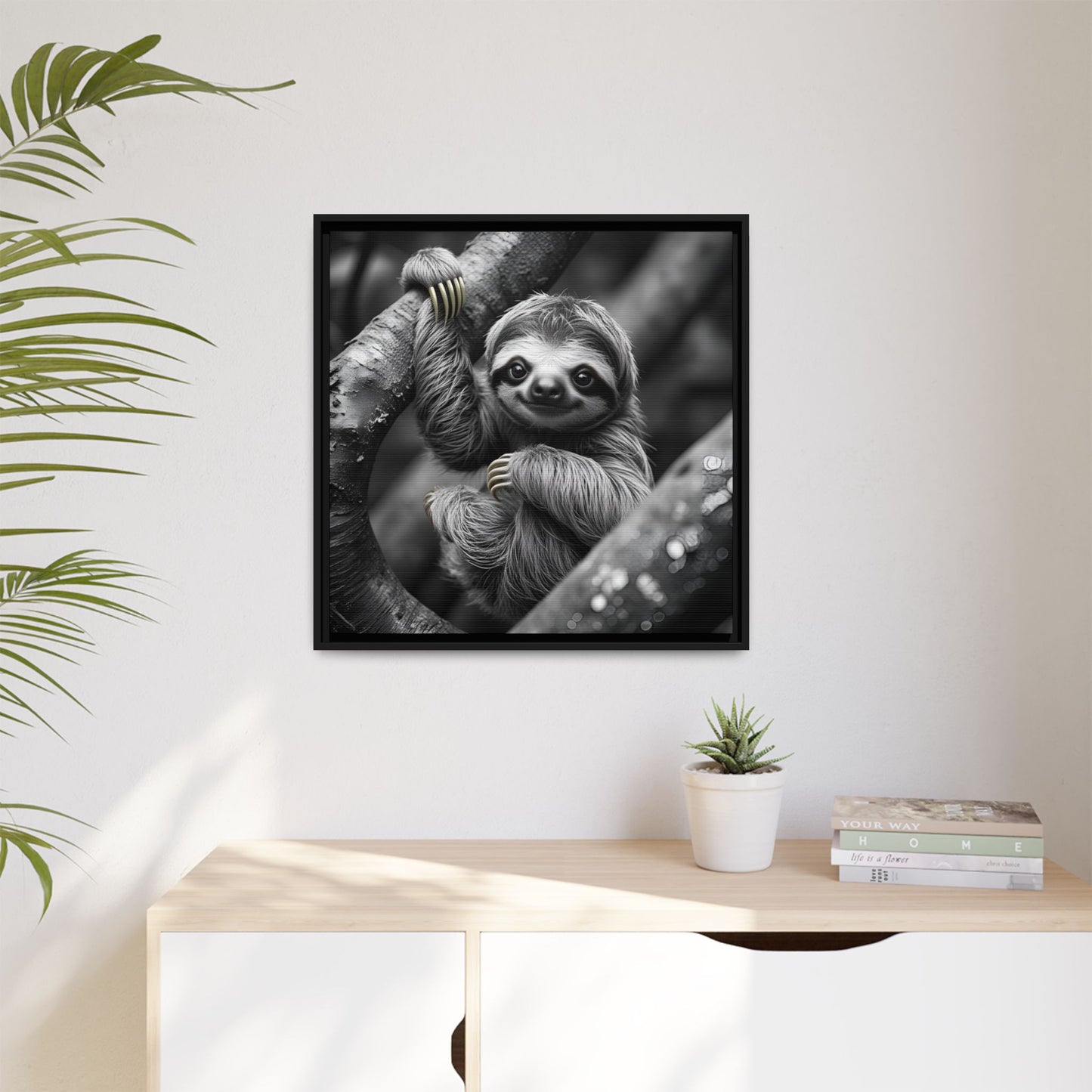 Smiling Sloth Hanging on Tree Branch Wall Art on Framed Canvas, Sloth Lover Gift, Nursery Decor, Wildlife Artwork