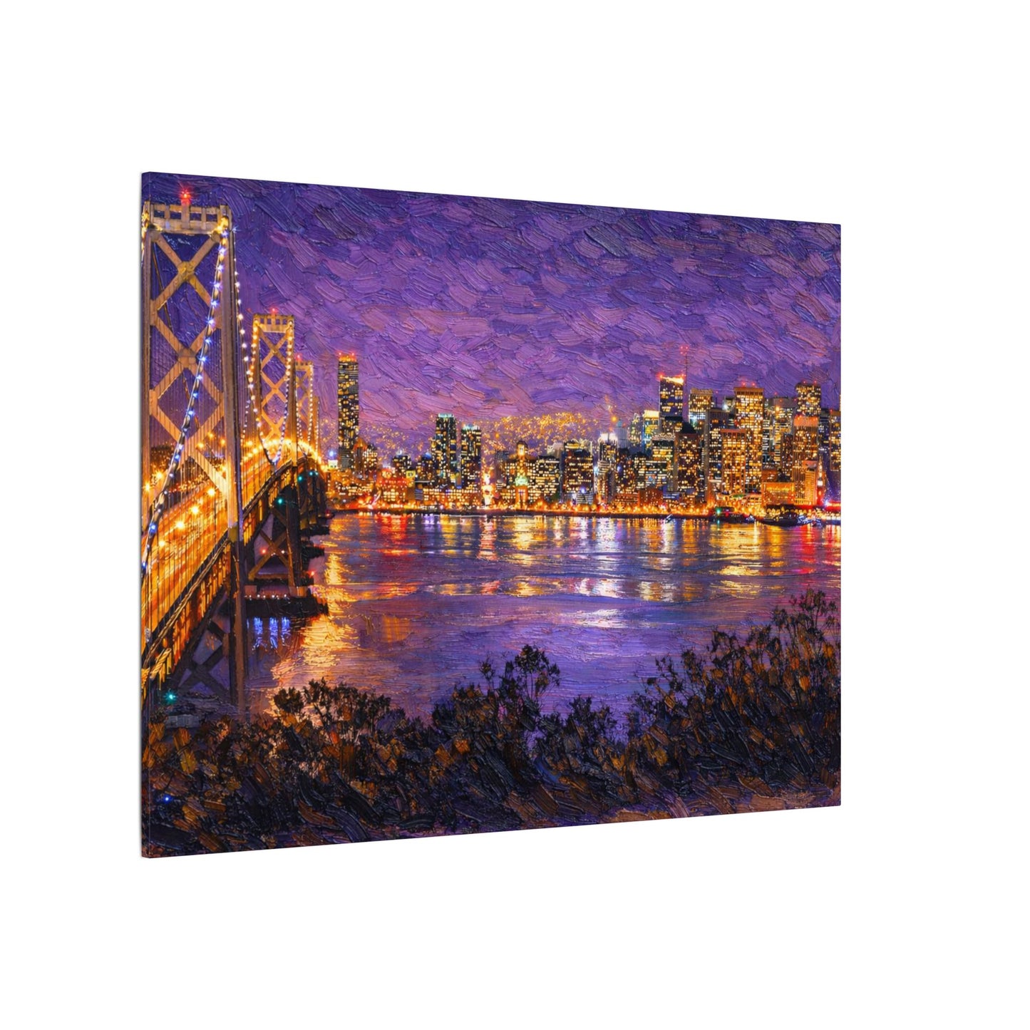 San Francisco Skyline Canvas Wall Art, Bay Bridge Night Painting, Impasto Style Artwork