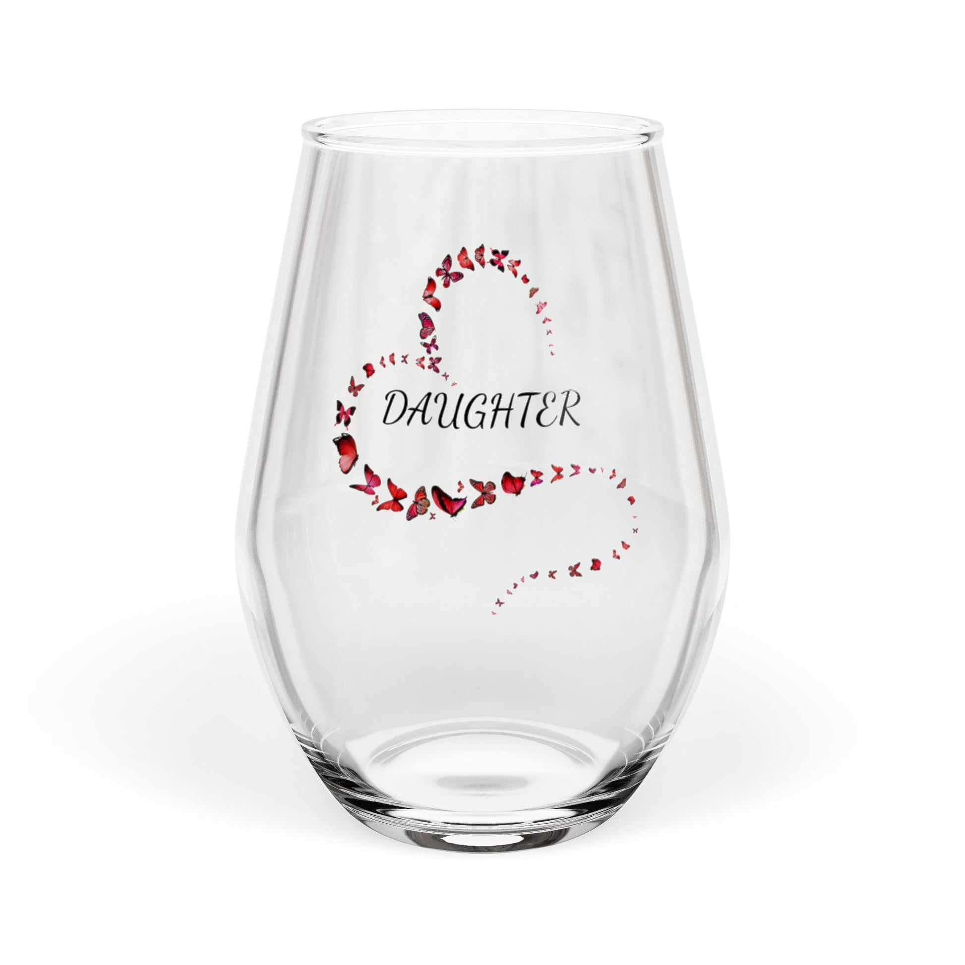 Clear glass with 'Daughter' and decorative elements on a white background