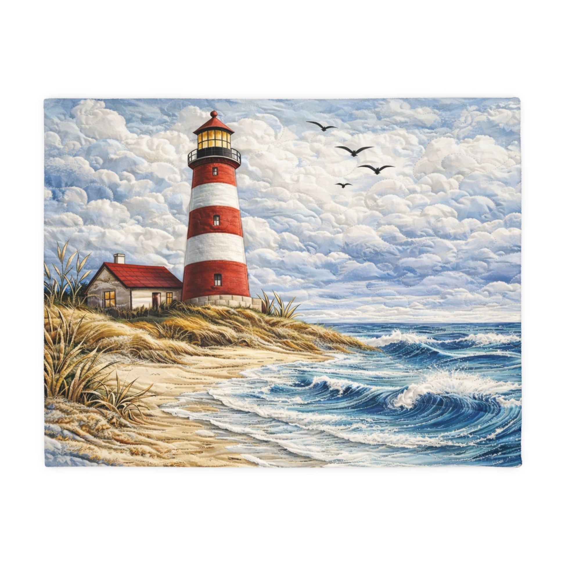 Painting of a lighthouse on a cliff with waves and sky.