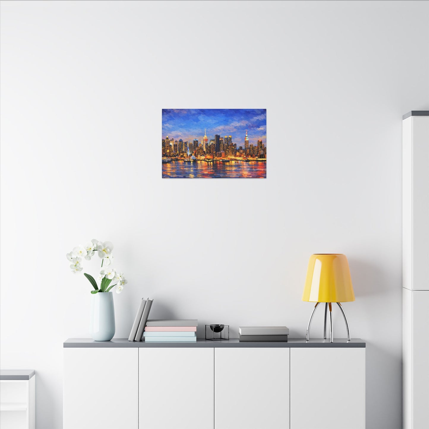 New York City Skyline Canvas Wall Art – Night Waterfront Impasto Cityscape Painting