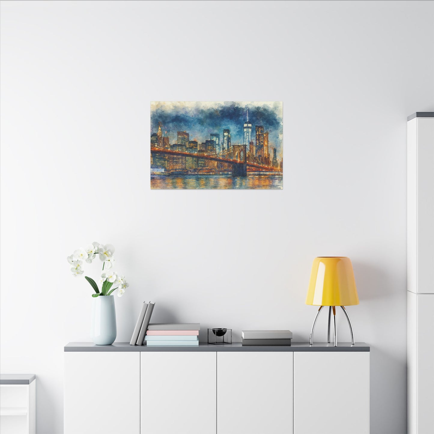 NYC Skyline Watercolor Art Print, Brooklyn Bridge Night Painting, New York City Wall Decor, Skyline Canvas Print, Urban Landscape