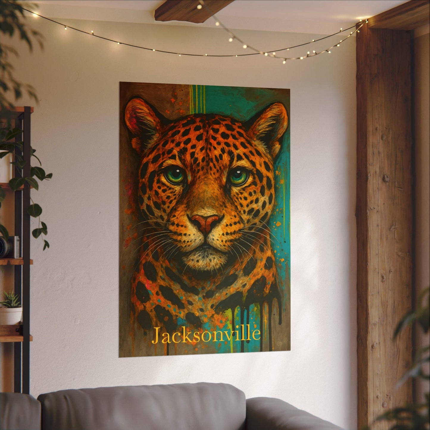 Colorful painting of a leopard on a wall in a room with a couch and string lights.
