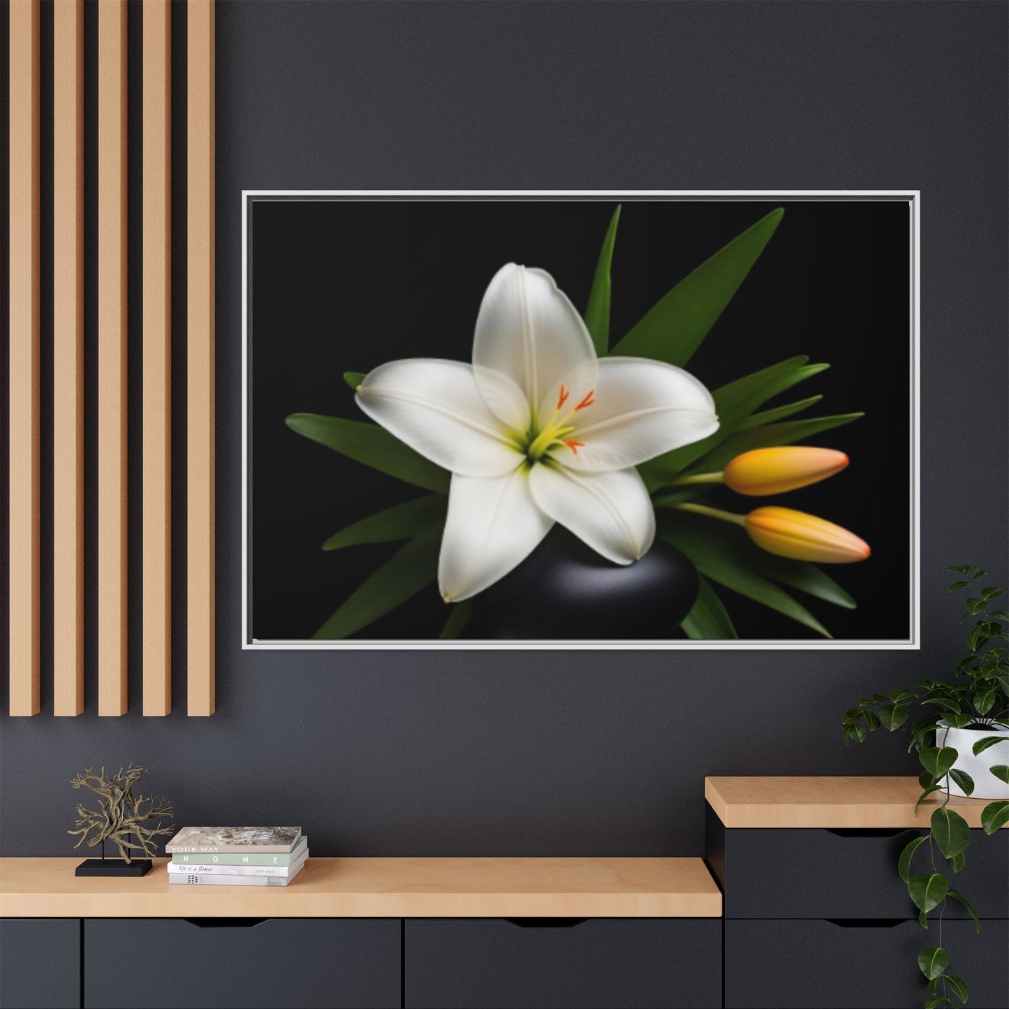 White Lily Wall Art Canvas Print Framed | Elegant Floral Wall Decor for Bedroom, Living Room, Bathroom