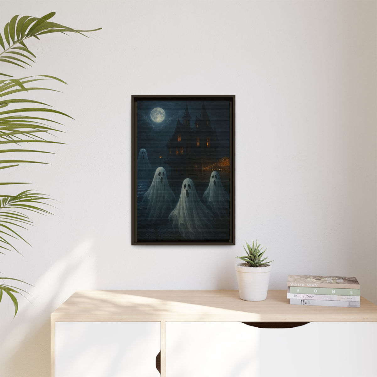 Haunted House Ghost Canvas Wall Art – Spooky Halloween Framed Art, Vintage Horror Decor, Gothic Night Scene Print