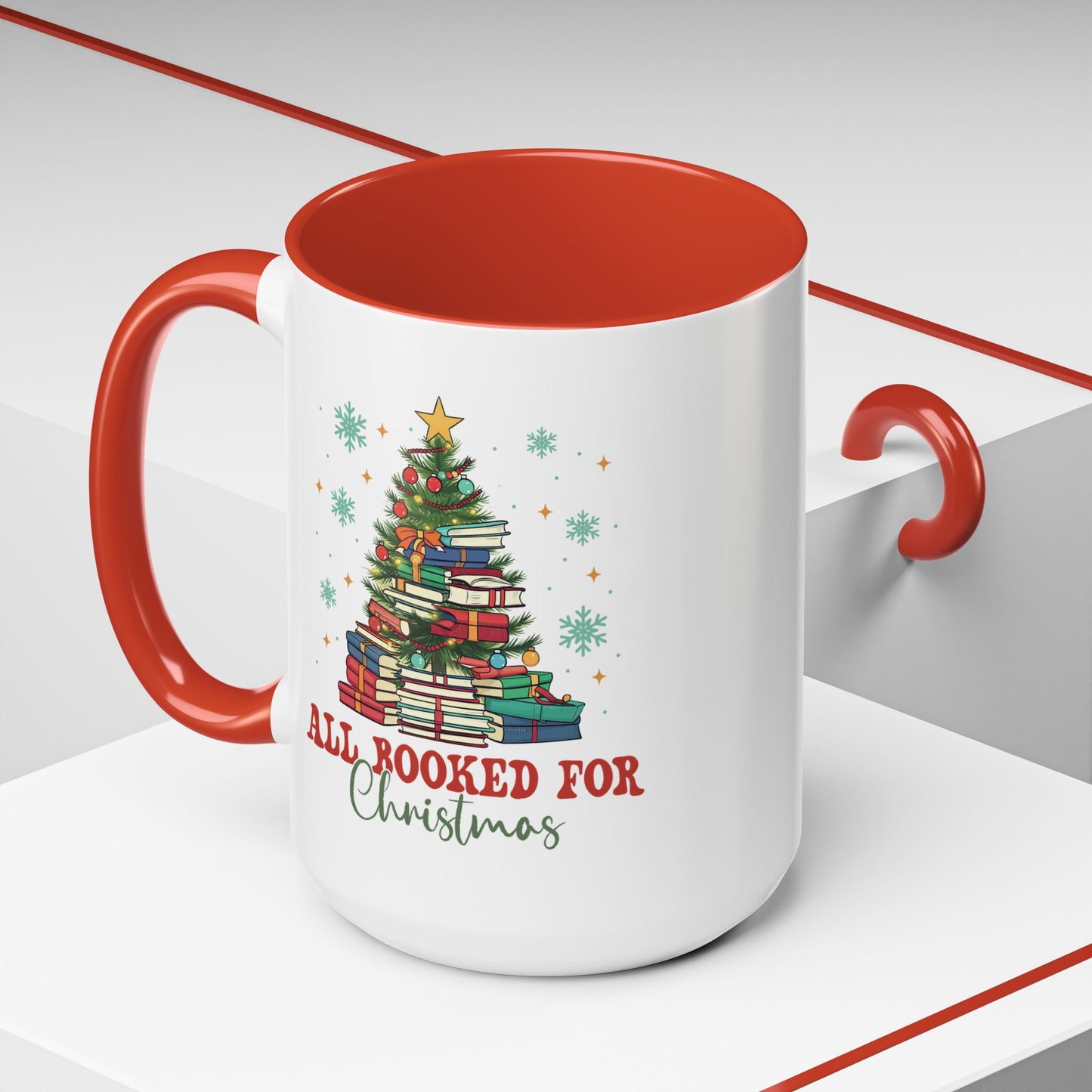 Christmas Booked Coffee Mug (11, 15oz) Holiday Book Lover Gift Festive Reading Mug Xmas Tree Teacher Gift