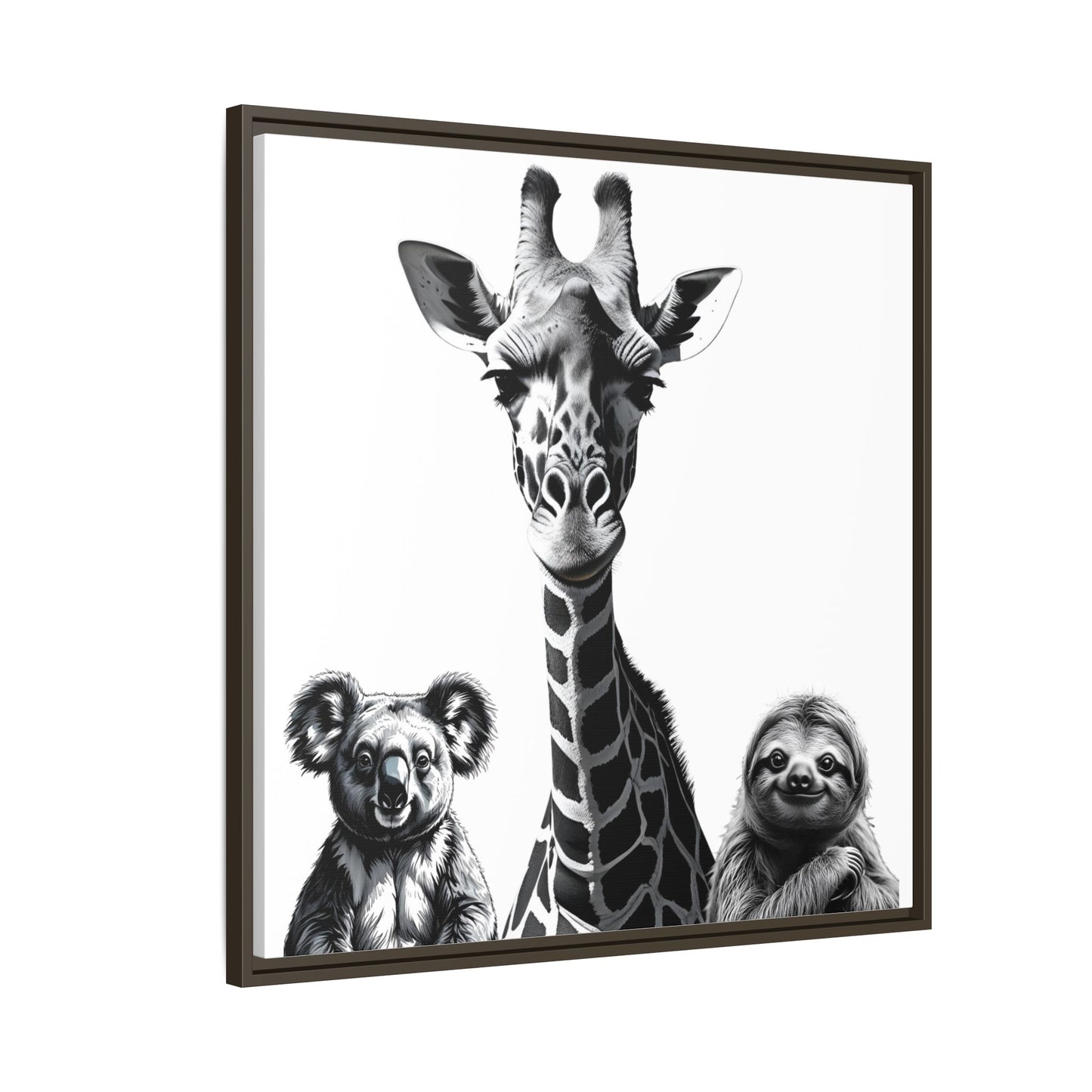 Framed artwork with a giraffe, koala, and sloth on a white background