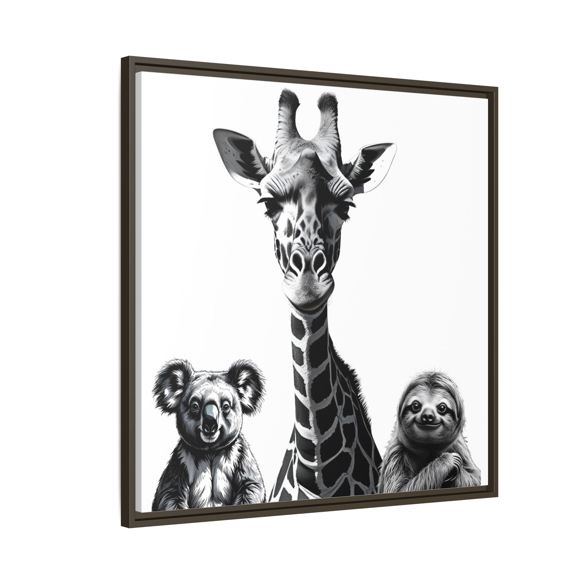 Framed artwork with a giraffe, koala, and sloth on a white background