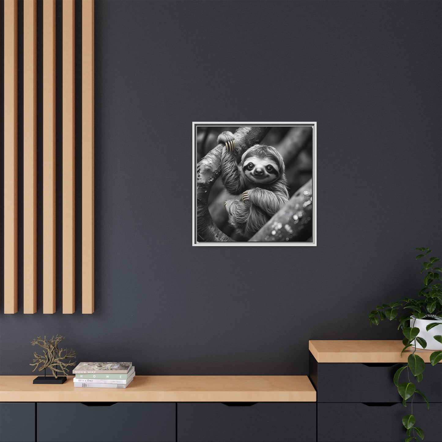 Smiling Sloth Hanging on Tree Branch Wall Art on Framed Canvas, Sloth Lover Gift, Nursery Decor, Wildlife Artwork