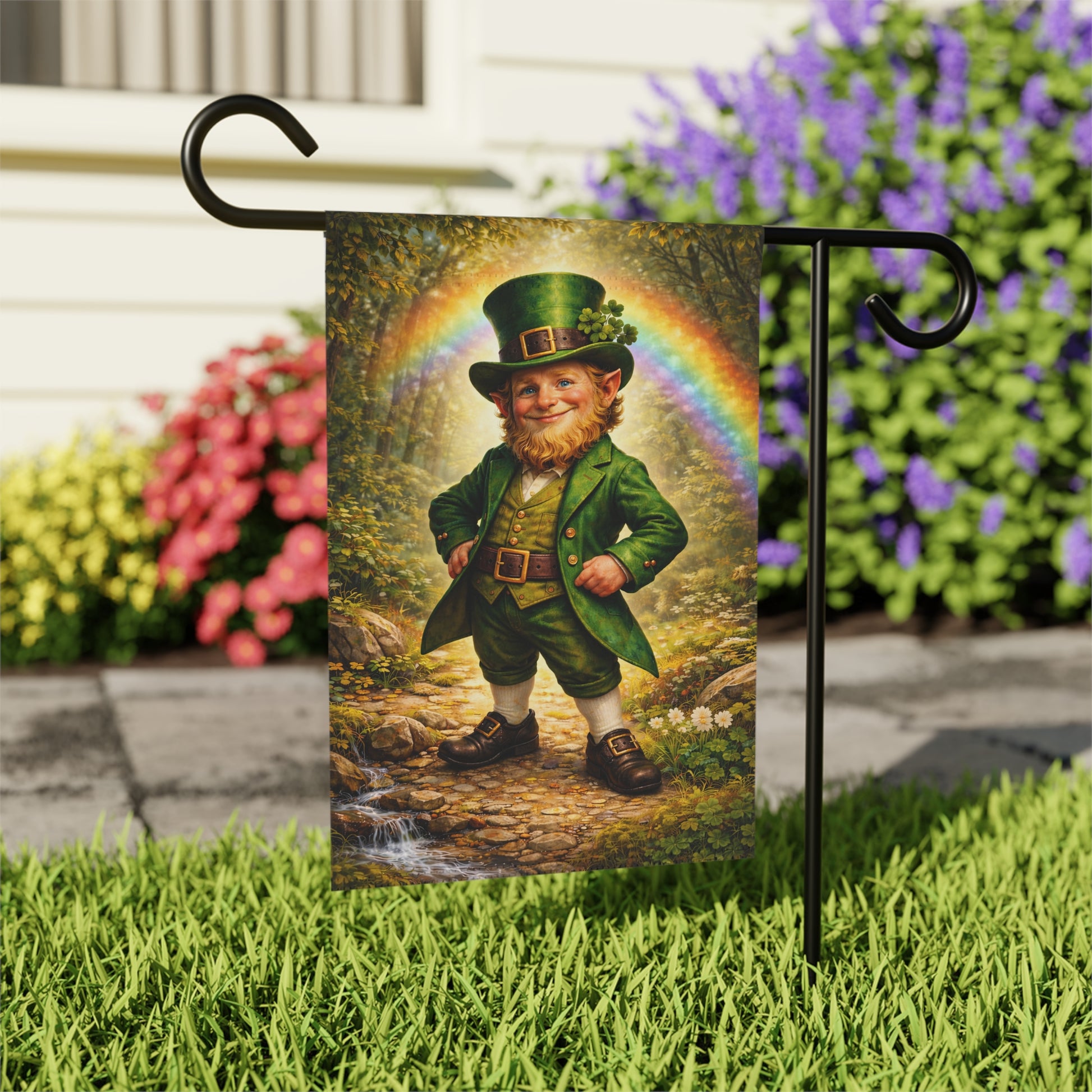 Garden flag with a leprechaun design featuring a rainbow, held by a stand outdoors.