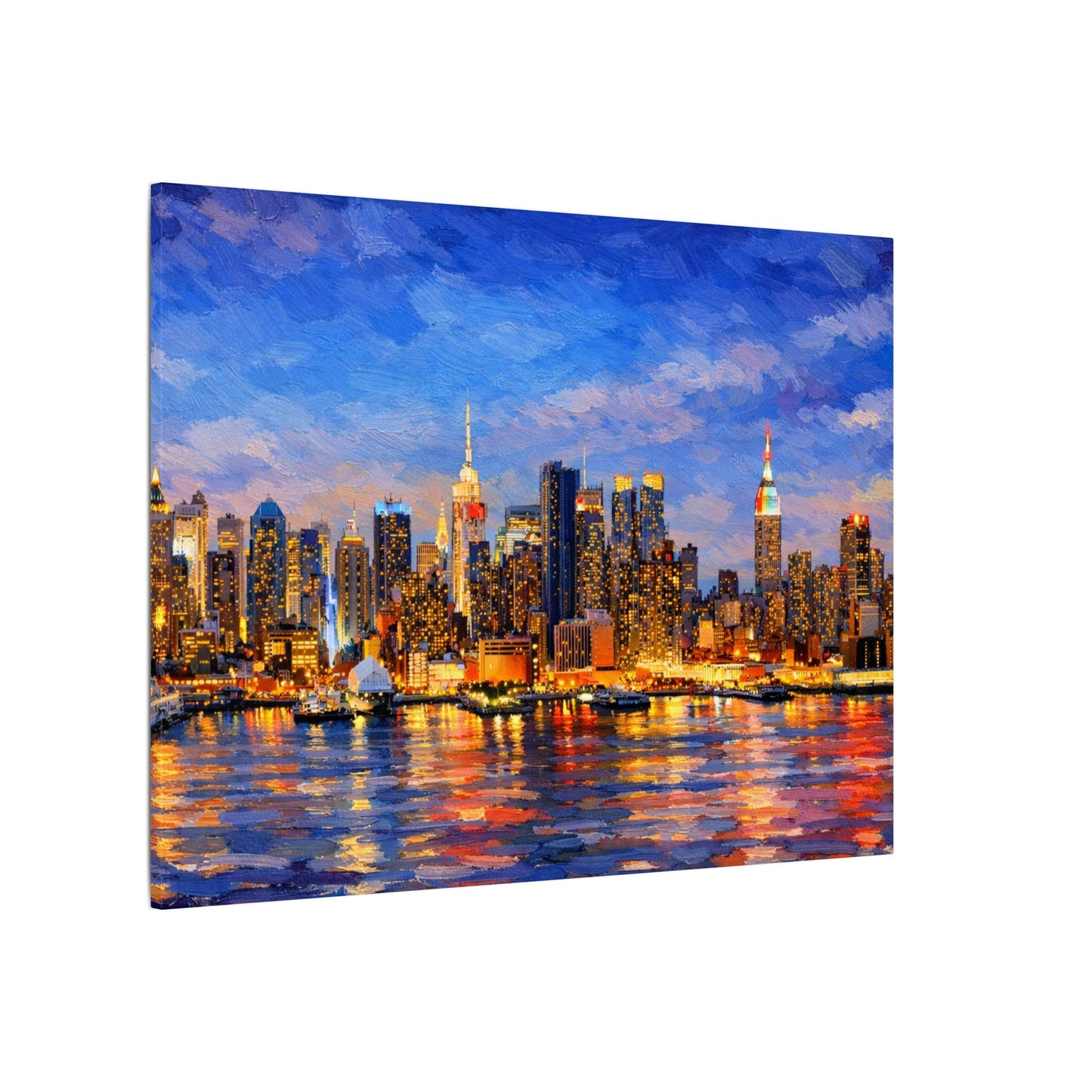 New York City Skyline Canvas Wall Art – Night Waterfront Impasto Cityscape Painting