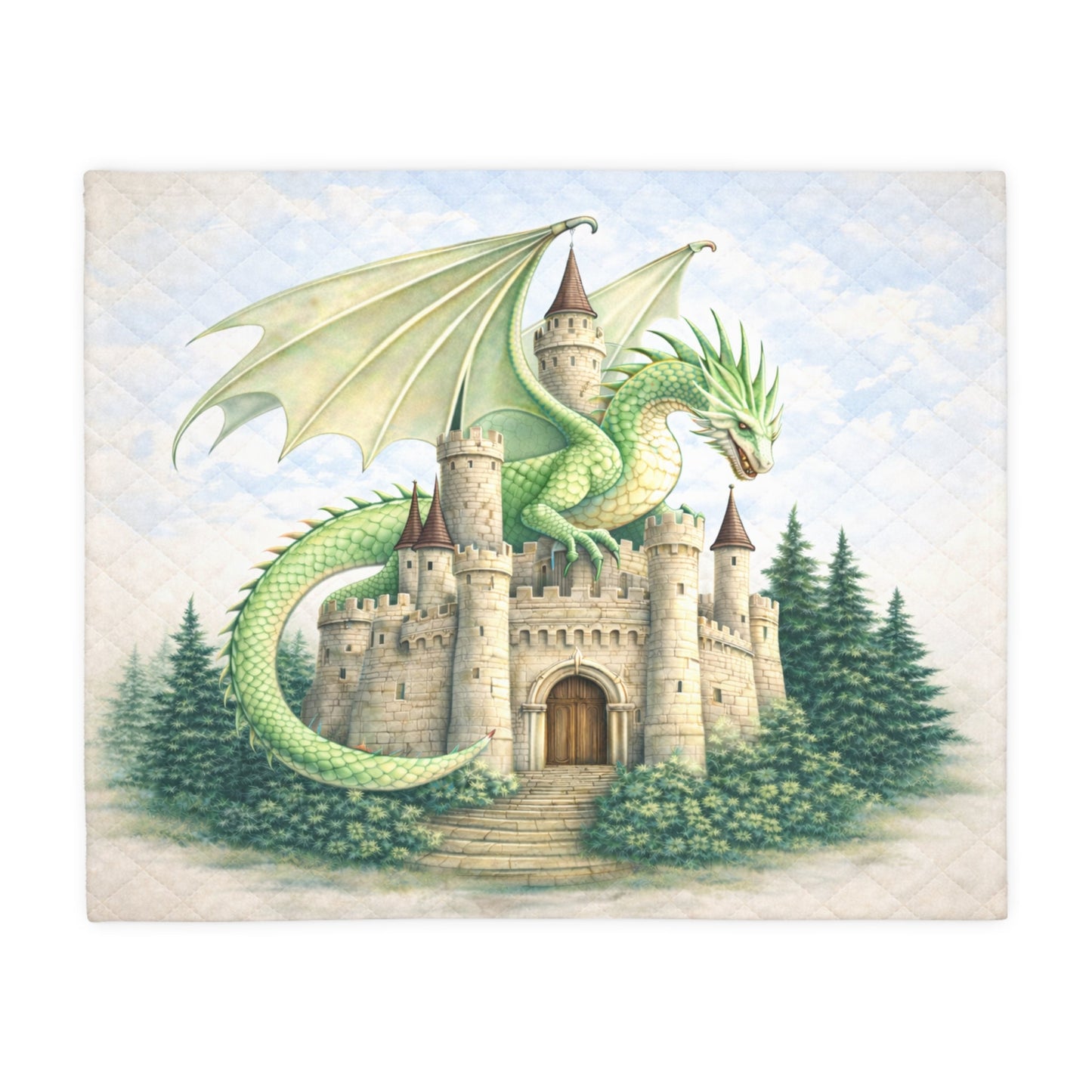 Illustration of a green dragon flying over a castle with trees in the background