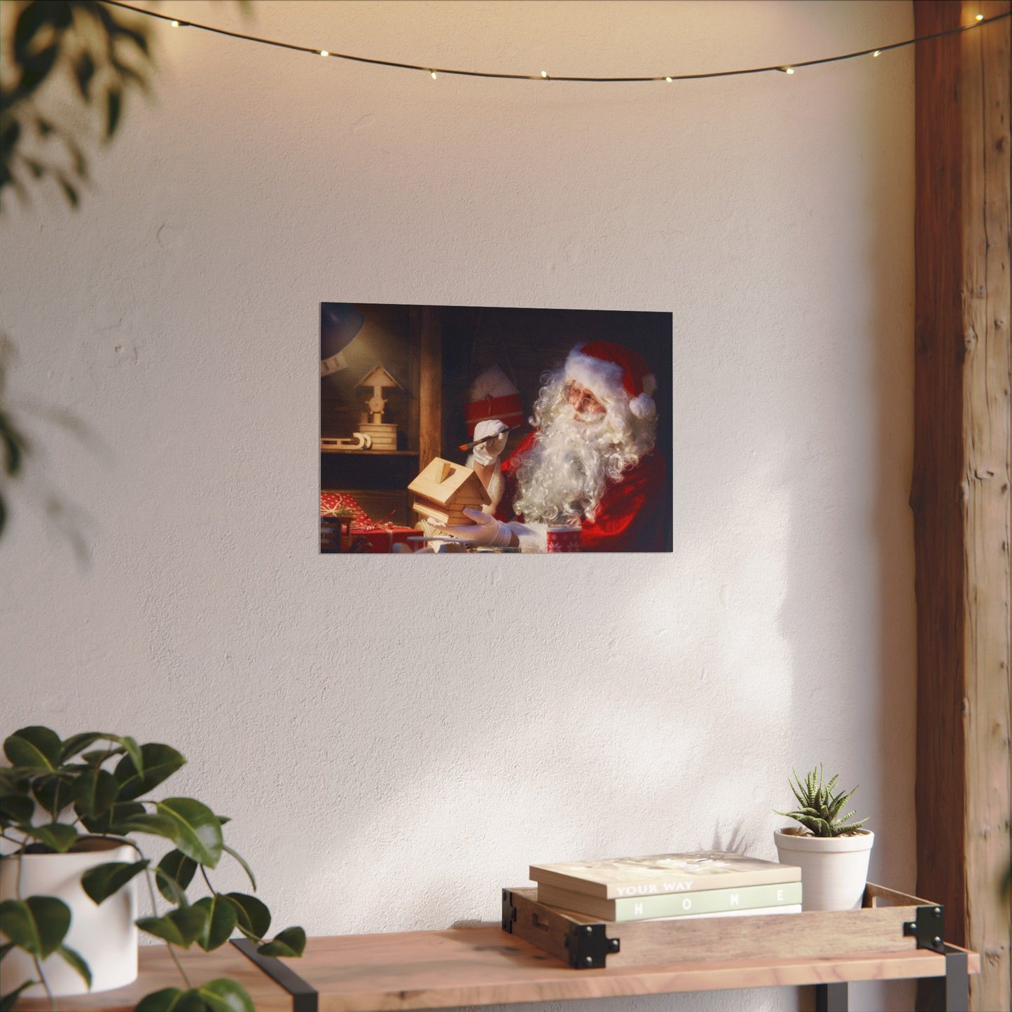 Santa's Workshop Poster, Christmas Wall Art of Santa Making Toys, Vintage Holiday Print, Santa Claus in Toy Shop, Festive Christmas Poster