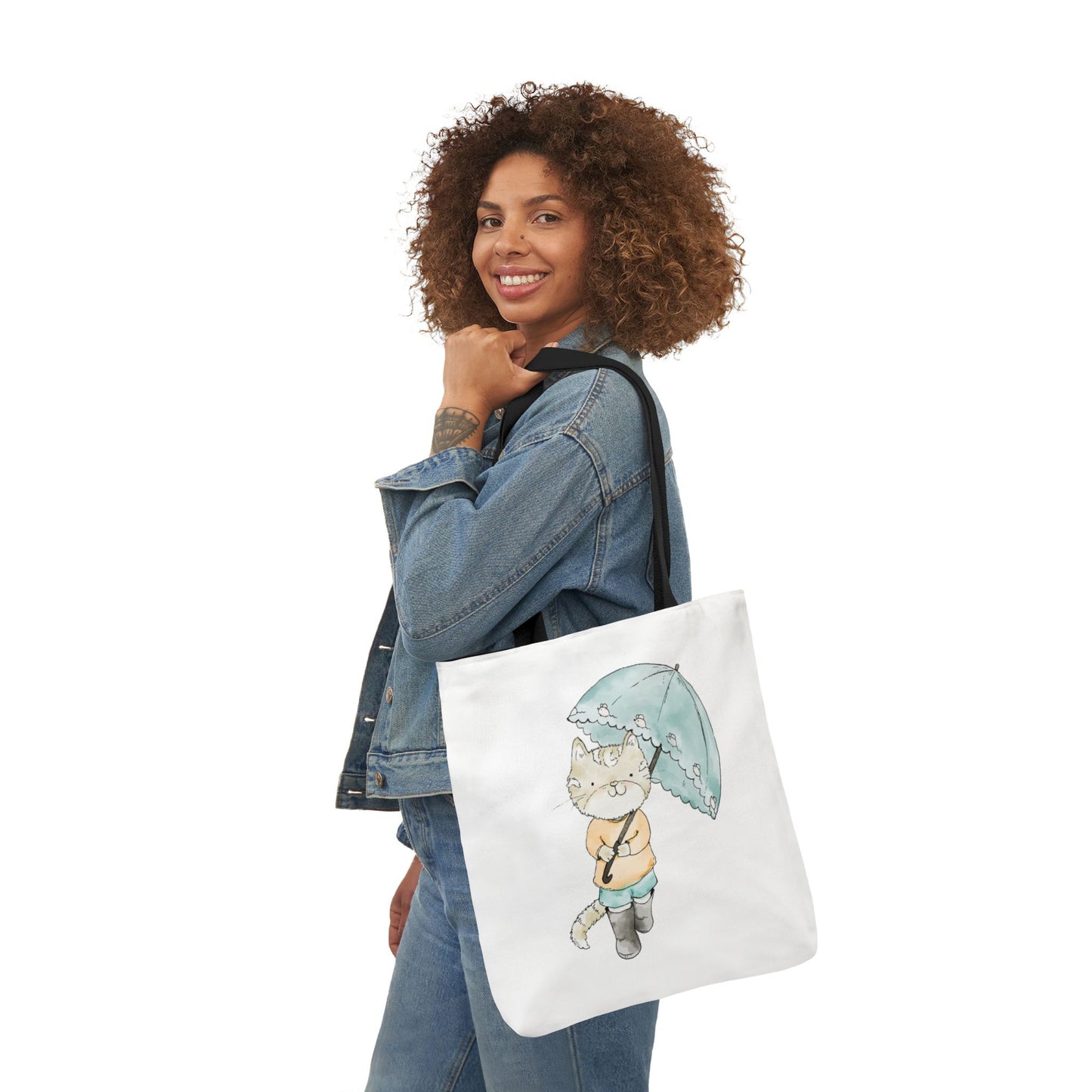 Cat Lover Tote Bag Cute Kitty with Umbrella Rain Boots Cat Lover Eco Tote Bag