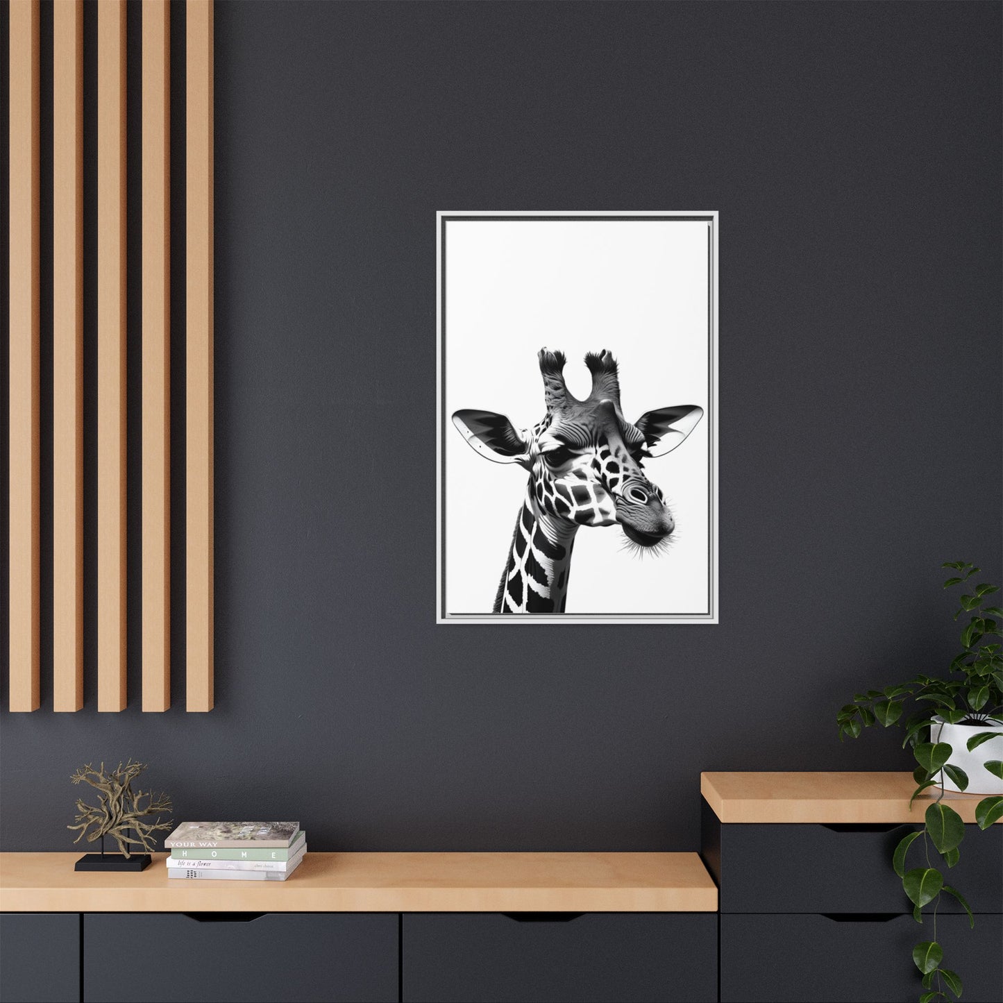 Black and White Giraffe Wall Art – Framed Safari Animal Canvas Print