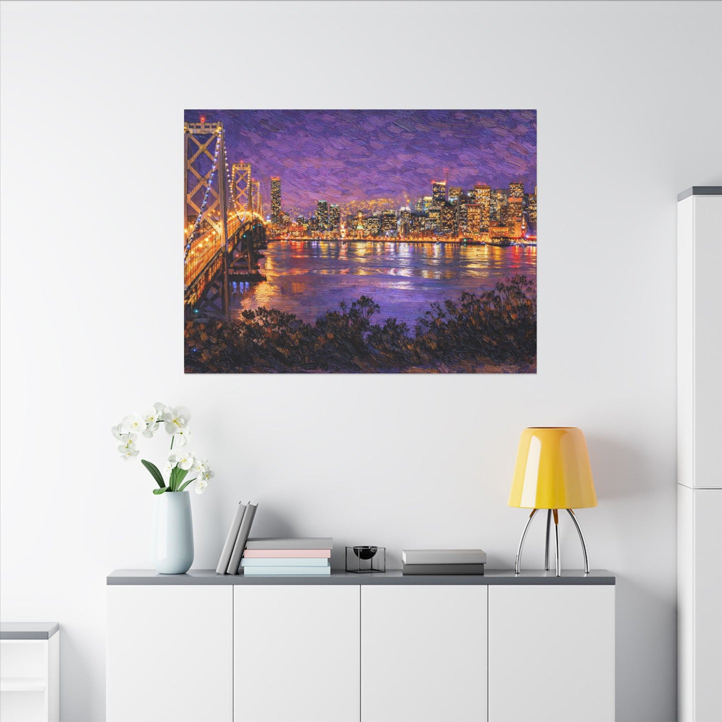 San Francisco Skyline Canvas Wall Art, Bay Bridge Night Painting, Impasto Style Artwork