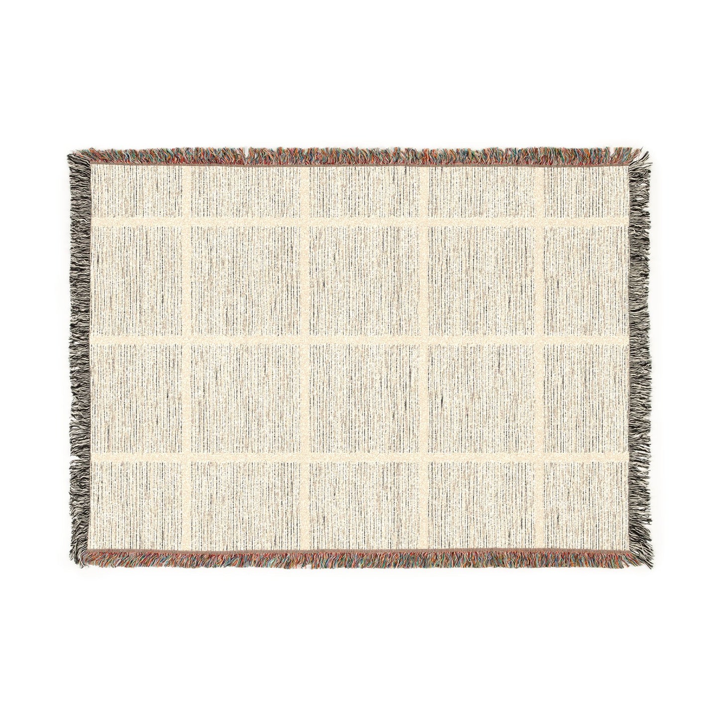 Textured woven blanket with a grid pattern on a white background