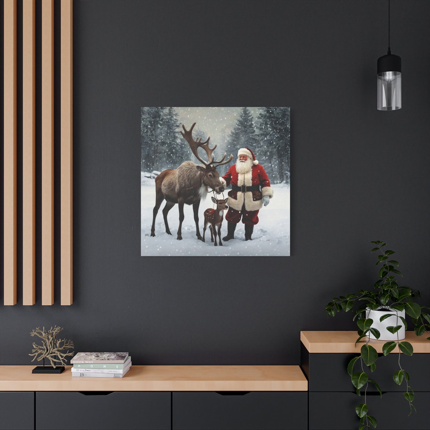 Santa with Reindeer Christmas Wall Art Canvas | Festive Holiday Home Decor