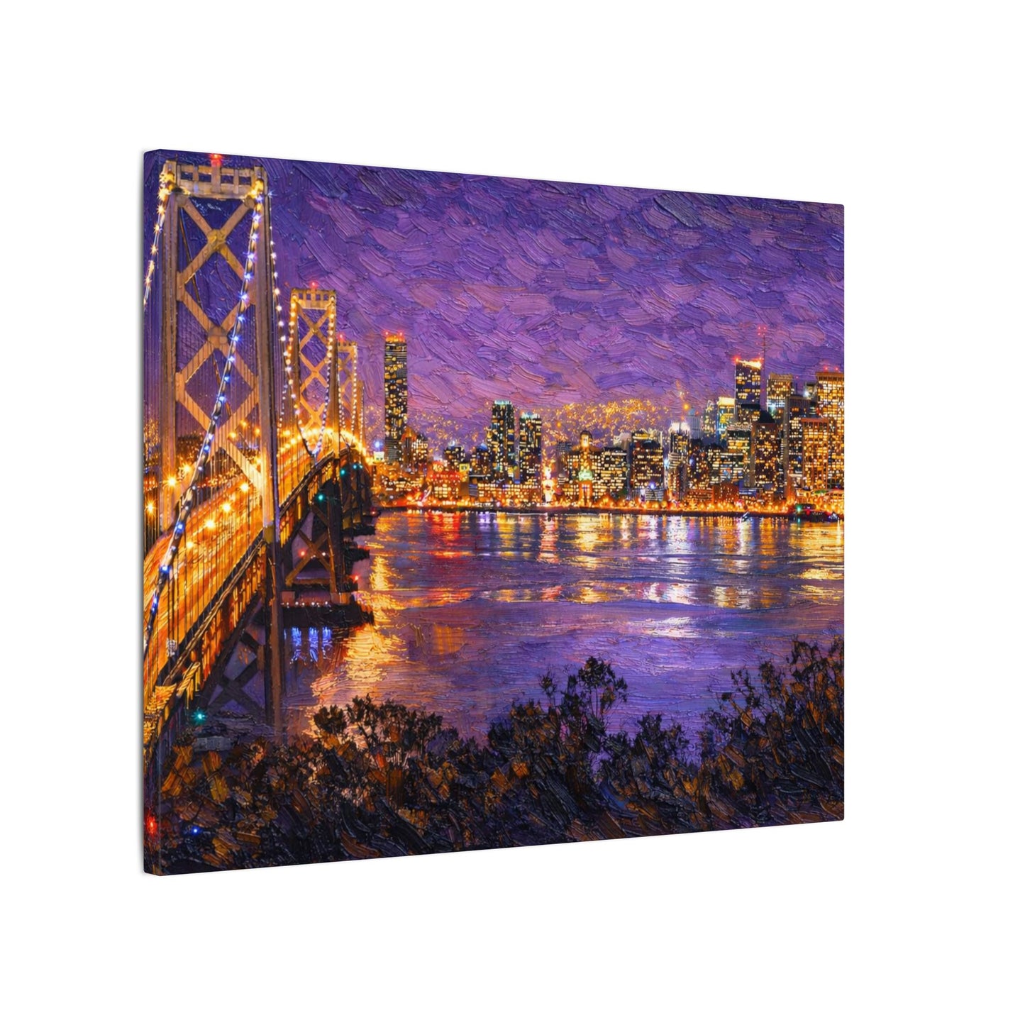 San Francisco Skyline Canvas Wall Art, Bay Bridge Night Painting, Impasto Style Artwork