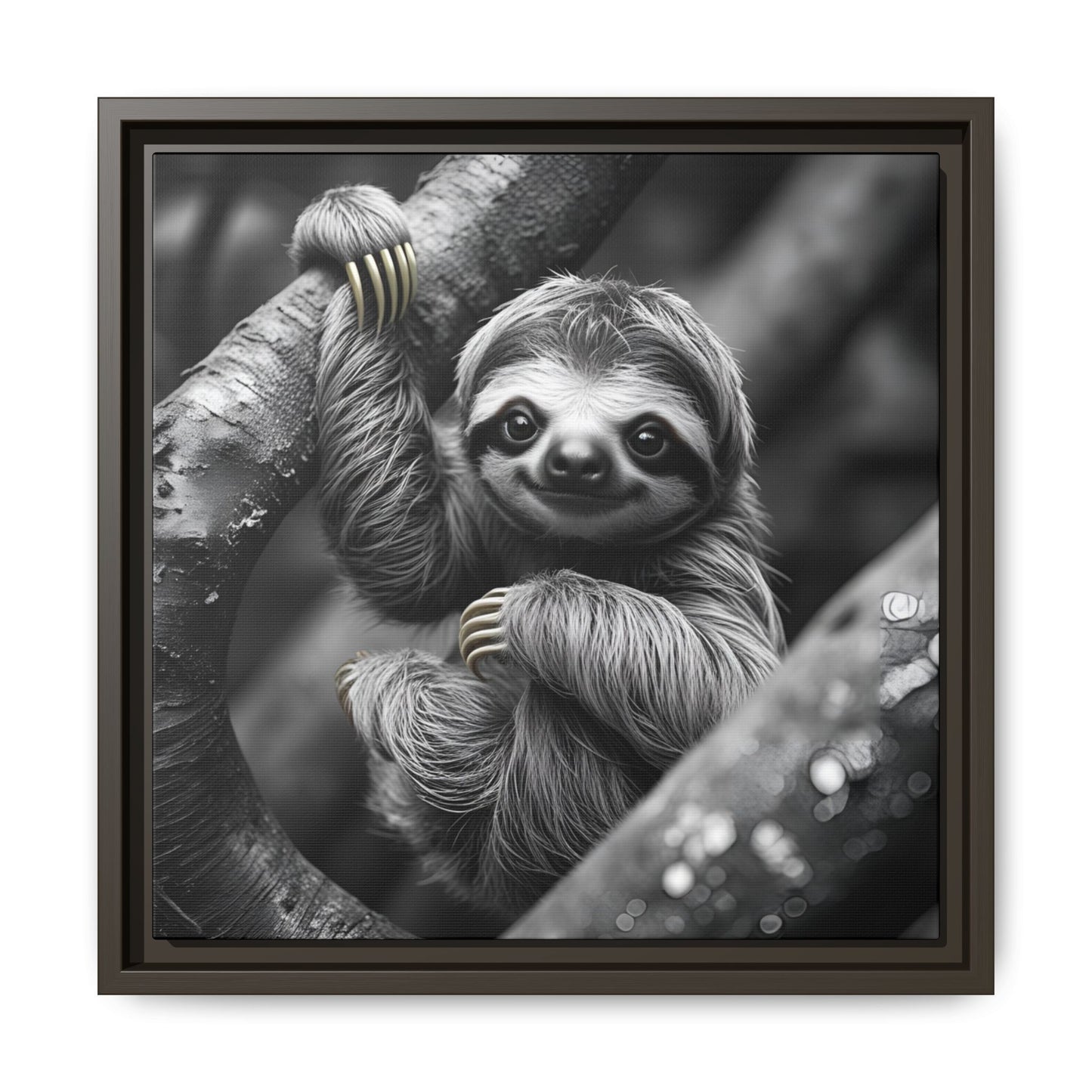 Smiling Sloth Hanging on Tree Branch Wall Art on Framed Canvas, Sloth Lover Gift, Nursery Decor, Wildlife Artwork