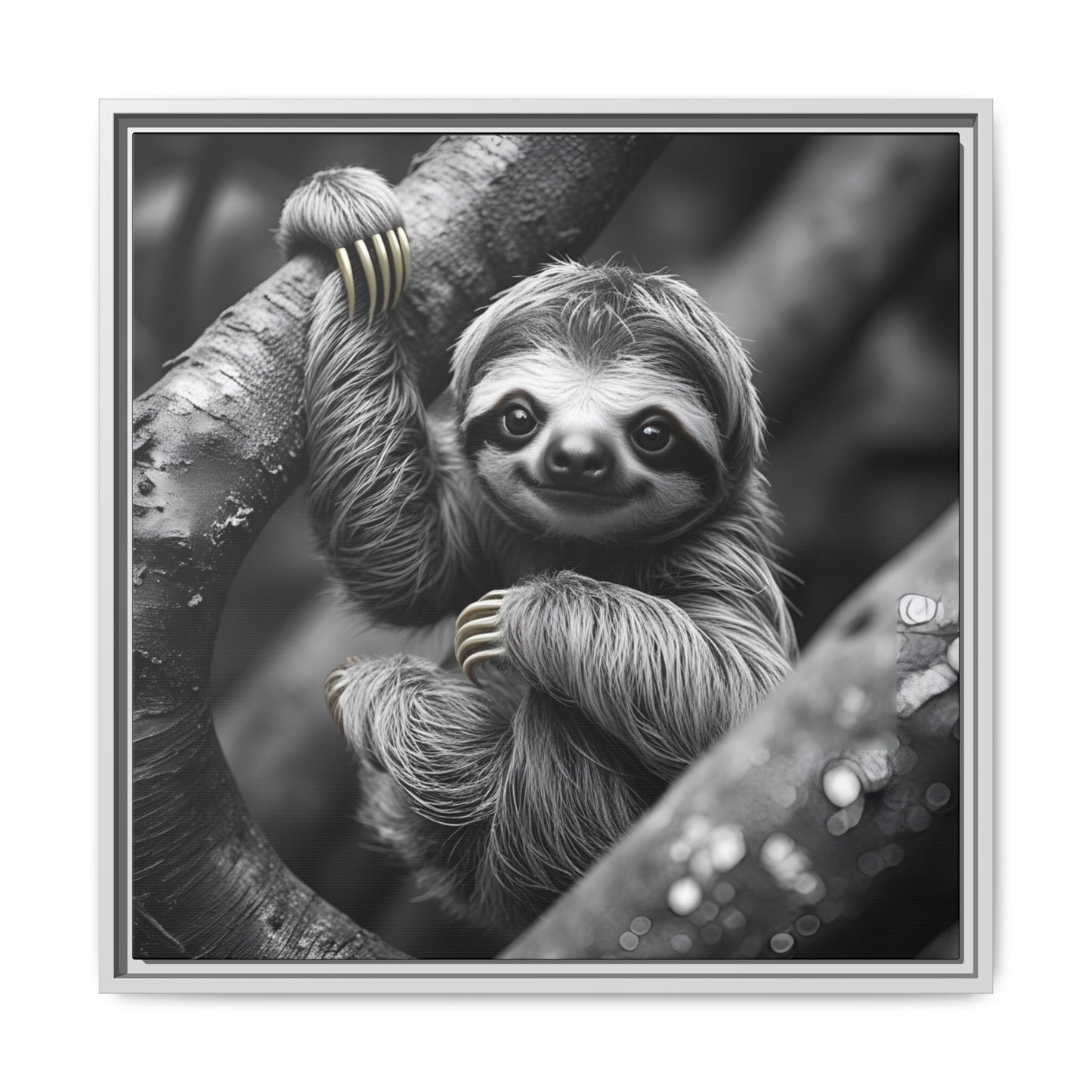 Smiling Sloth Hanging on Tree Branch Wall Art on Framed Canvas, Sloth Lover Gift, Nursery Decor, Wildlife Artwork