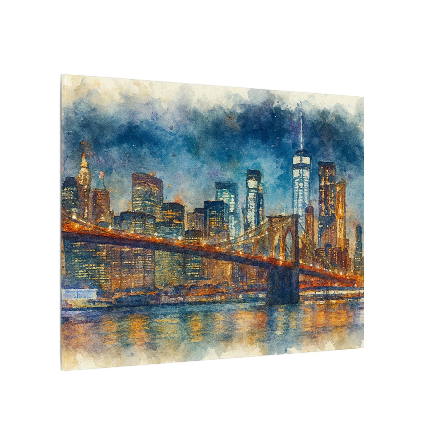 NYC Skyline Watercolor Art Print, Brooklyn Bridge Night Painting, New York City Wall Decor, Skyline Canvas Print, Urban Landscape