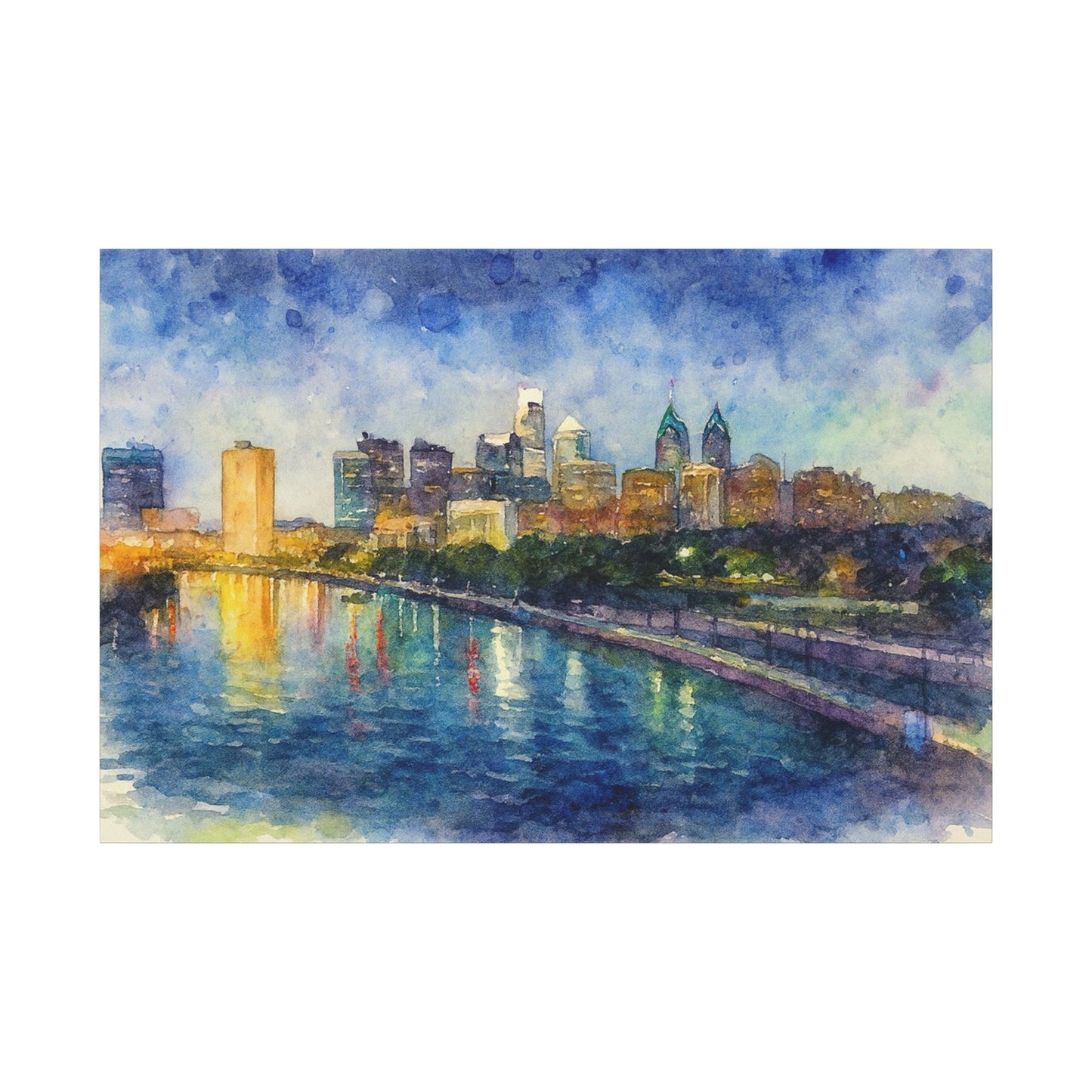 Watercolor painting of a city skyline reflected in water with a blue sky.