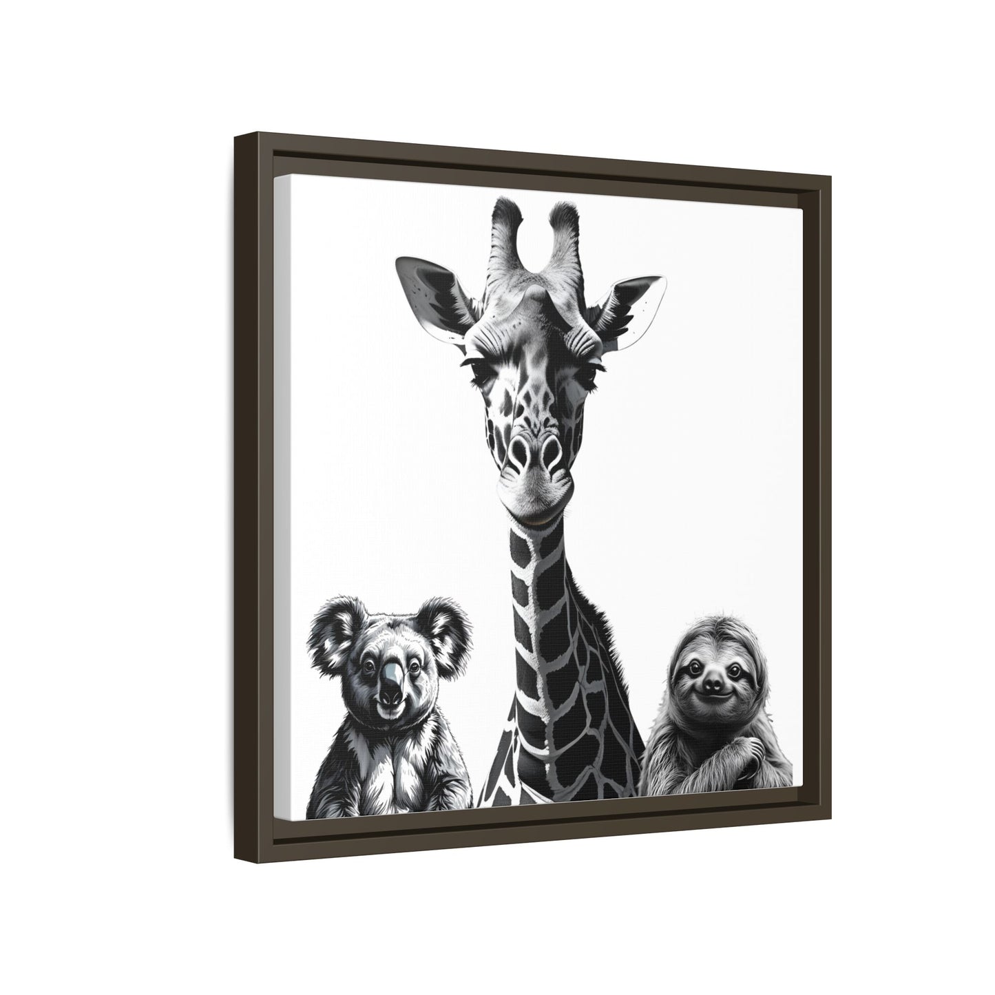 Framed artwork with a giraffe, koala, and sloth on a white background