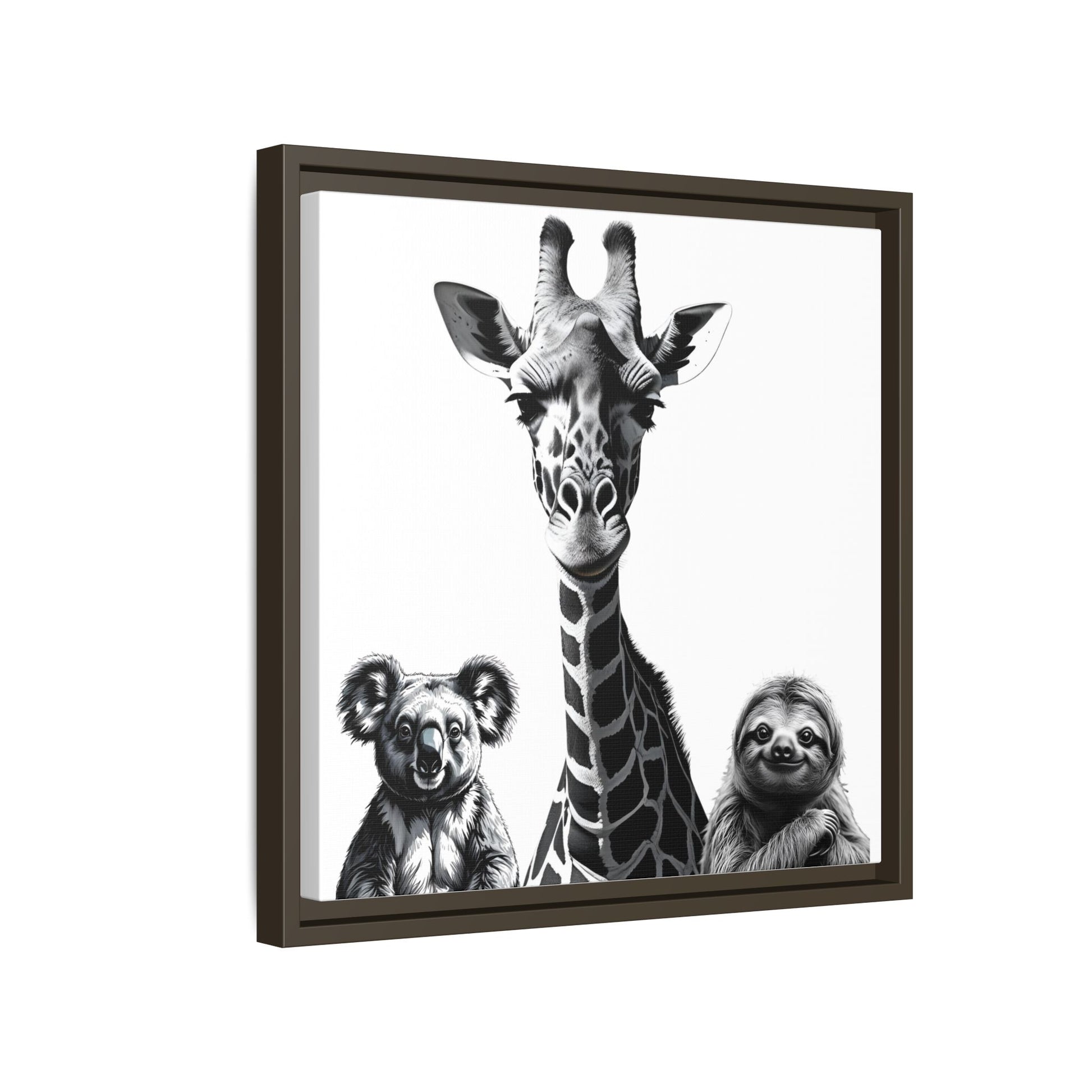 Framed artwork with a giraffe, koala, and sloth on a white background